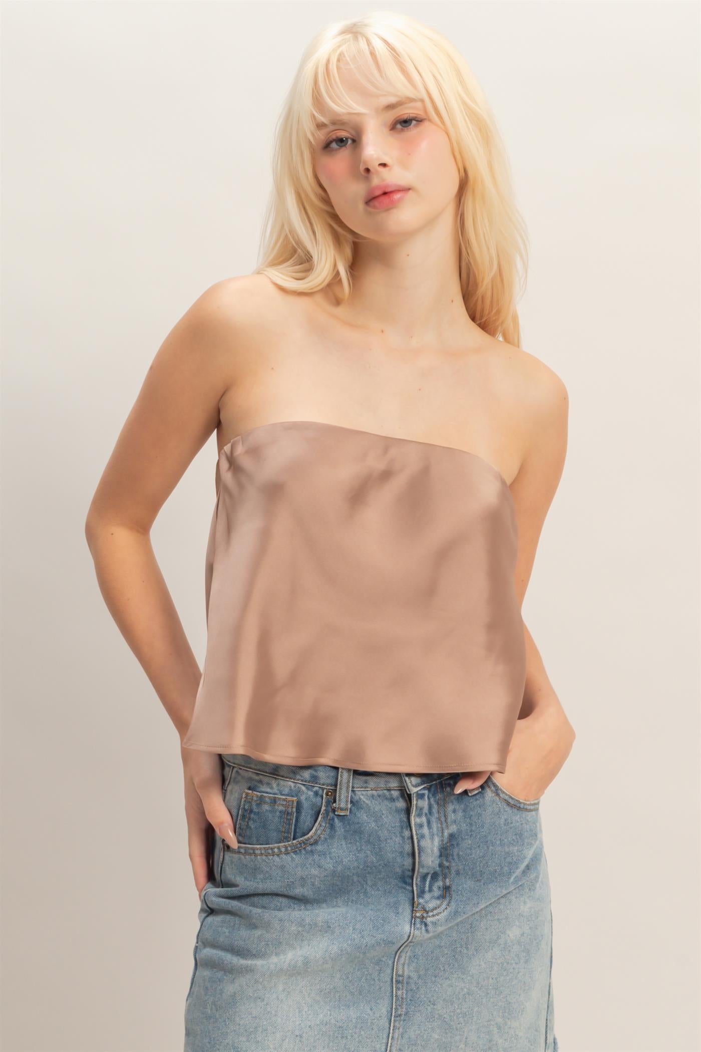 Wholesale Satin Strapless Tube Top Clothing Tops DZ26C398 DARK TAUPE DOUBLE ZERO