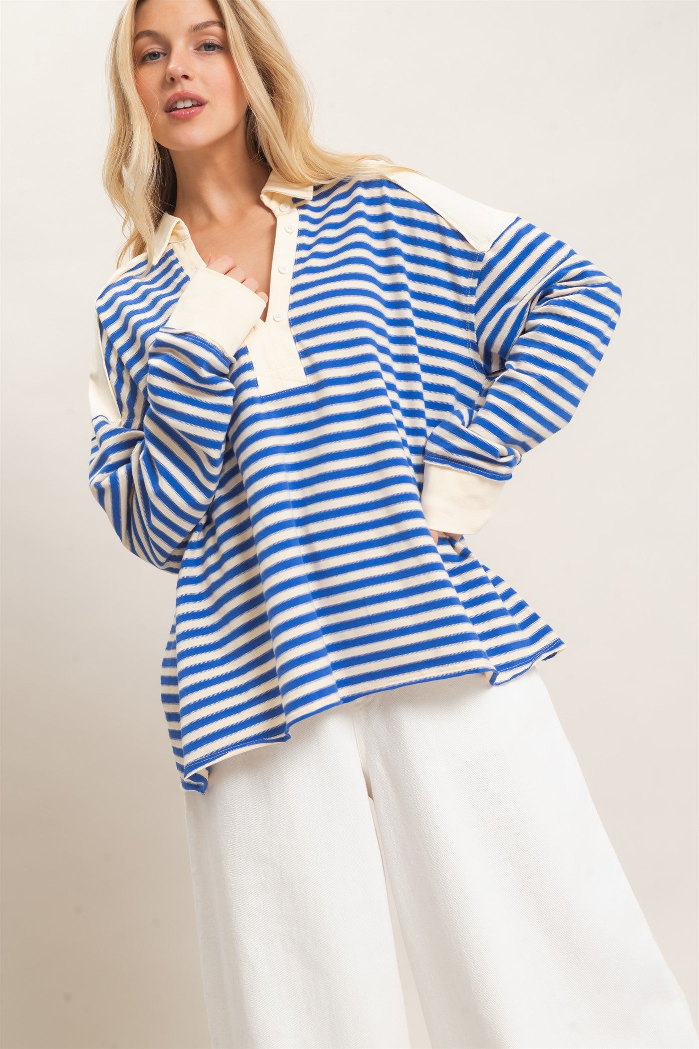 Wholesale Striped Henley Sweatshirt Clothing Tops HF26F089 BLUE HYFVE