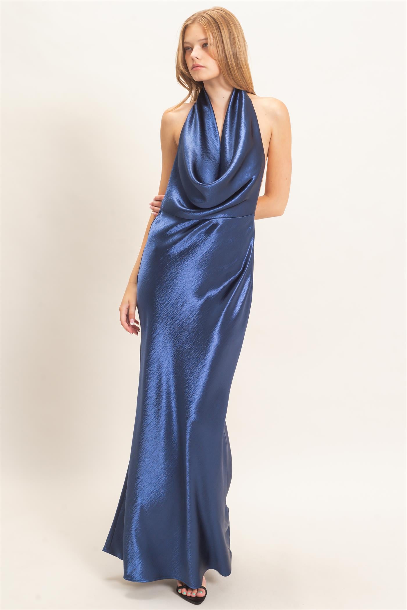 Wholesale Satin Cowl Neck Maxi Dress Dresses HF26F216-D NAVY HYFVE
