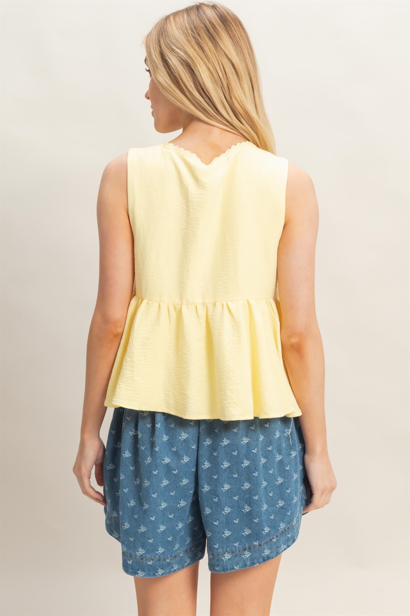 Wholesale Lace Trim Tie Front Top Clothing Tops HF26C100-D LIGHT YELLOW HYFVE