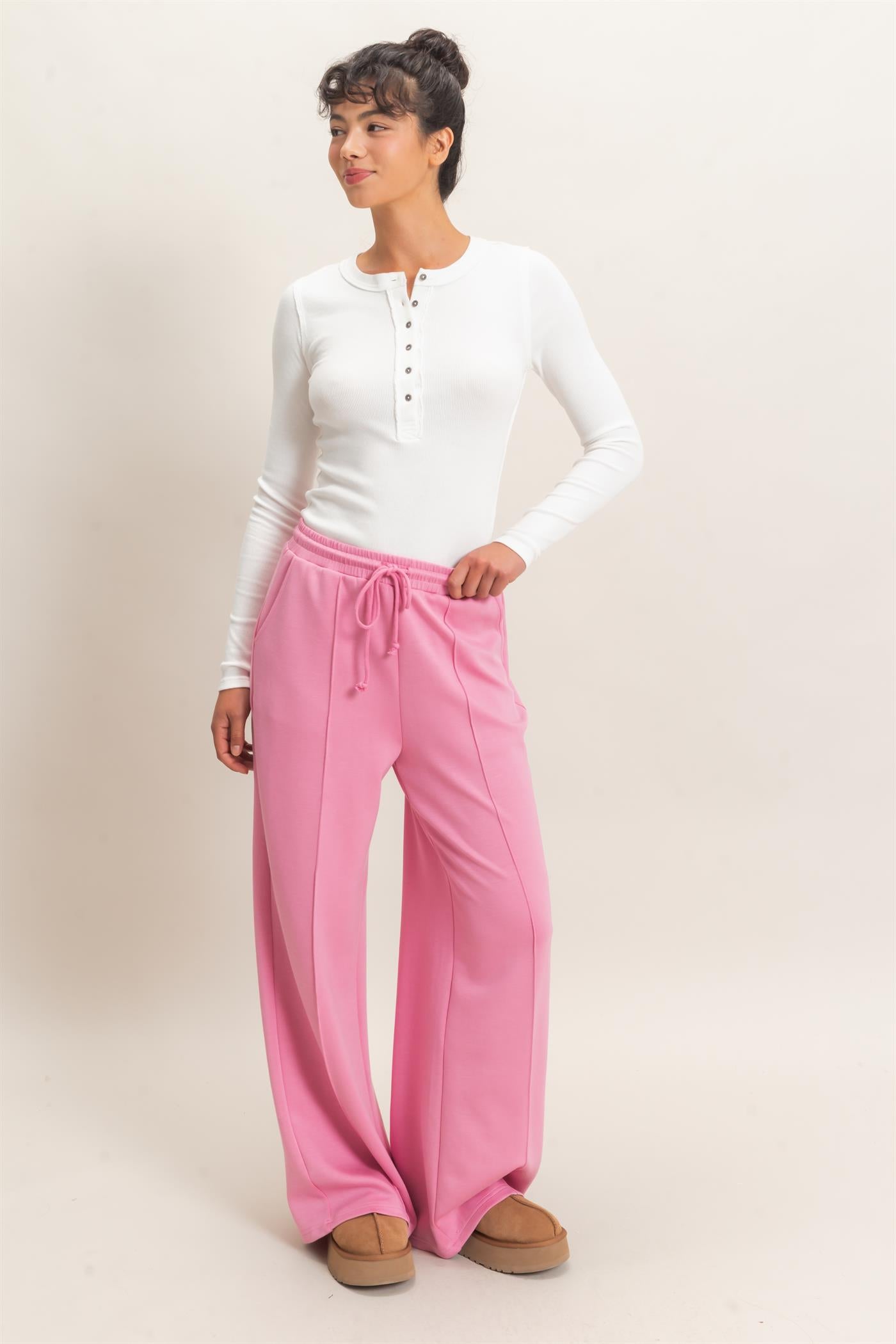 Wholesale Drawstring Waist Pintuck Wide Leg Pants Pants DZ26E384 PINK HYFVE
