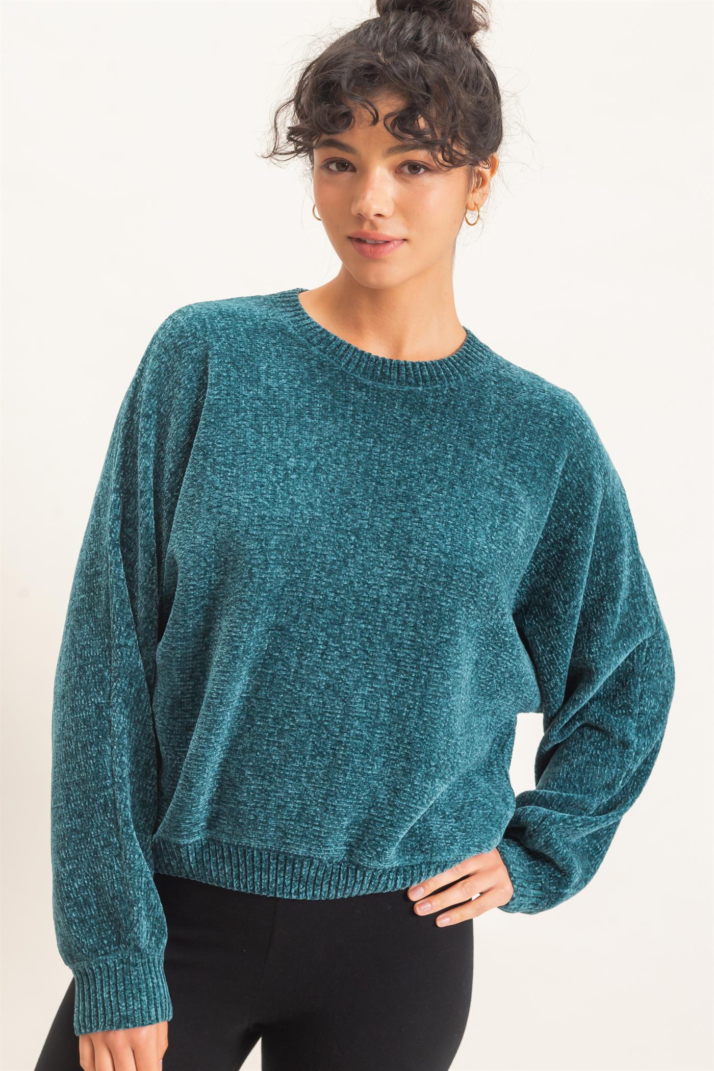 Wholesale Chenille Crew Neck Sweater Sweaters DZ26E264 DARK TEAL DOUBLE ZERO