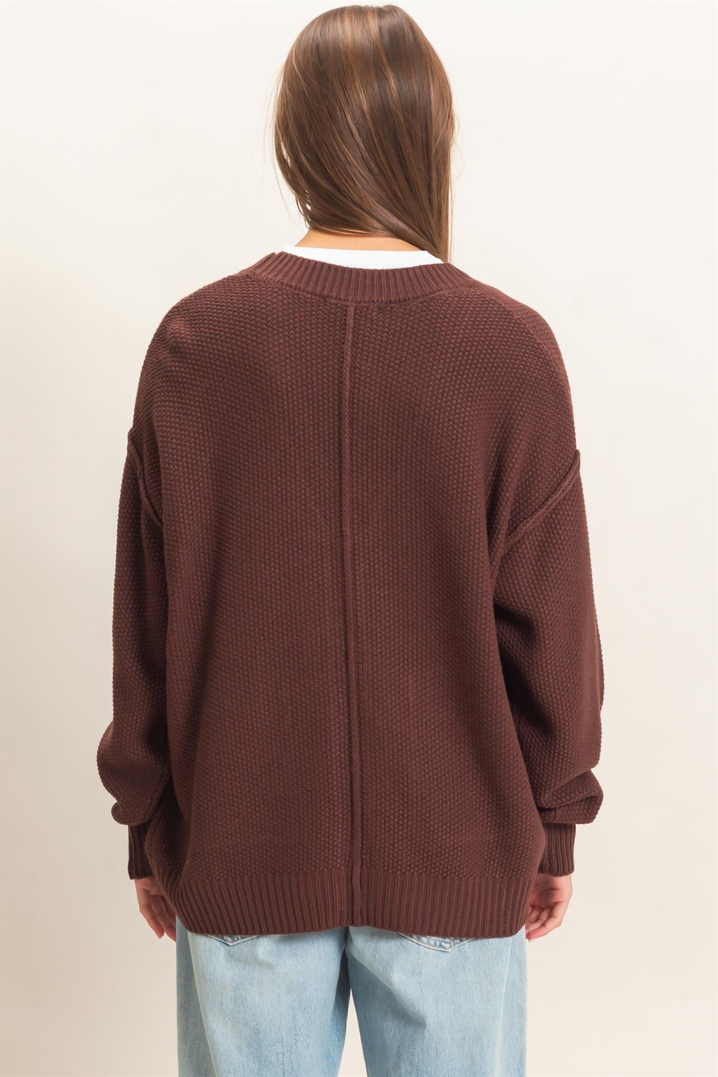 Wholesale Textured Oversized Knit Buttoned Cardigan Cardigans DZ26C971 DARK BROWN DOUBLE ZERO