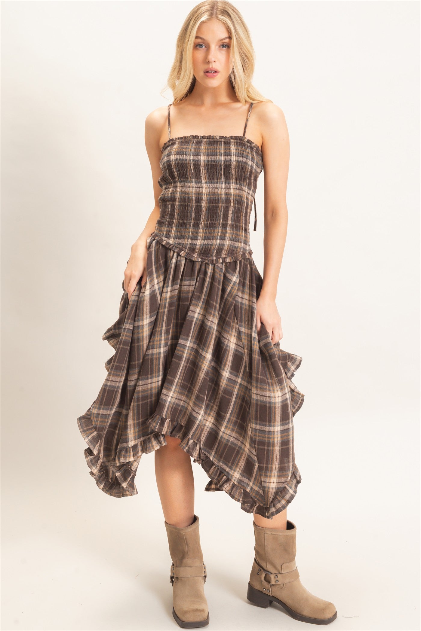 Wholesale Plaid Smocked Spaghetti Strap Dress Dresses HF26F211 BROWN HYFVE