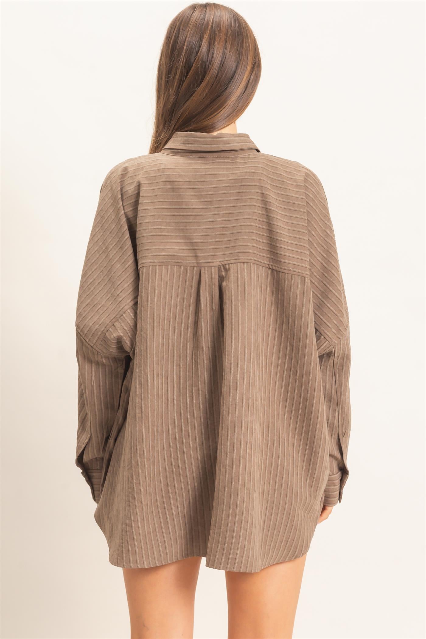 Wholesale Striped Button-Up Shirt Shirts HF26F134 BROWN HYFVE