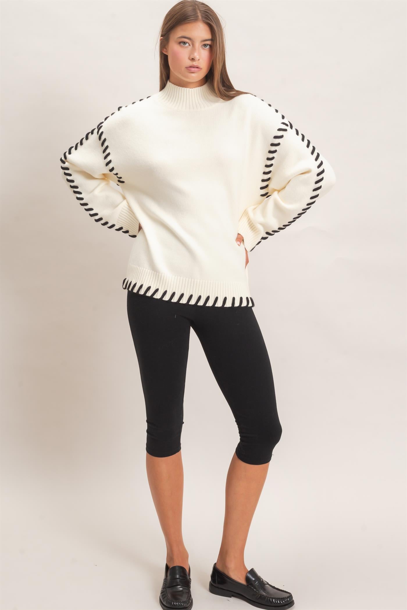 Wholesale Blanket Stitch High Neck Sweater Sweaters DZ27A190 CREAM DOUBLE ZERO