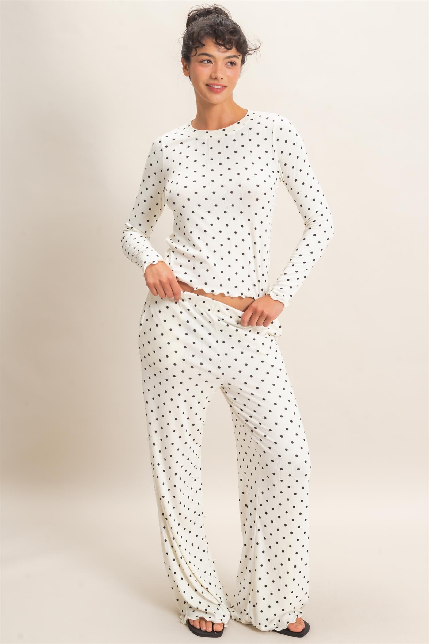 Wholesale Polka Dot Long Sleeve Top & Pants Set Clothing DZ26E914-SET CREAM DOUBLE ZERO