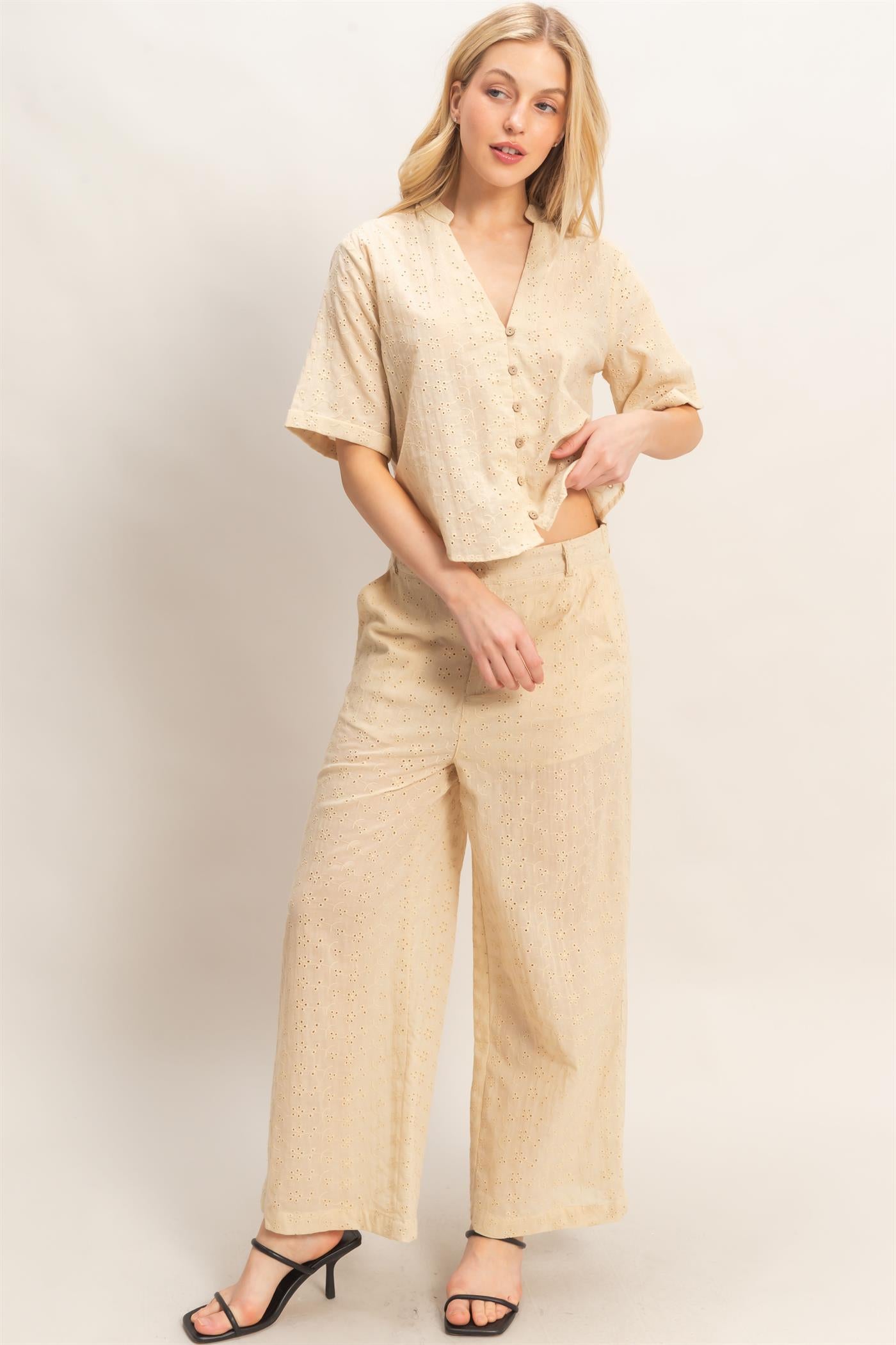 Wholesale Floral Eyelet Pants Pants HF26C542 NATURAL HYFVE