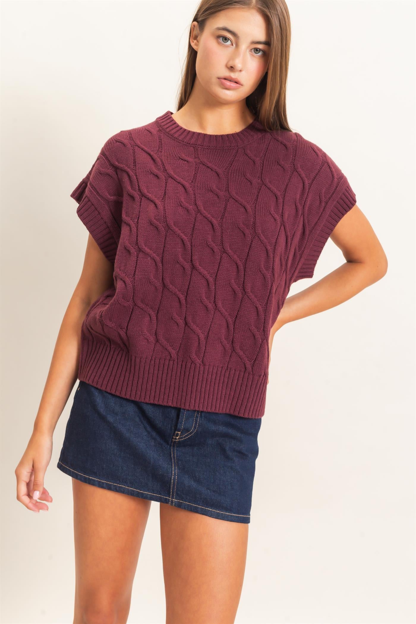 Wholesale Cable Knit Cap Sleeve Sweater Sweaters DZ26C974 DARK CHERRY DOUBLE ZERO