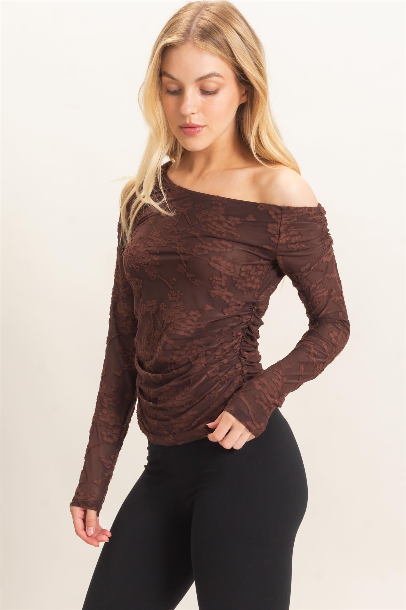 Wholesale Textured Mesh Off-Shoulder Top Blouses HF26F043 BROWN HYFVE