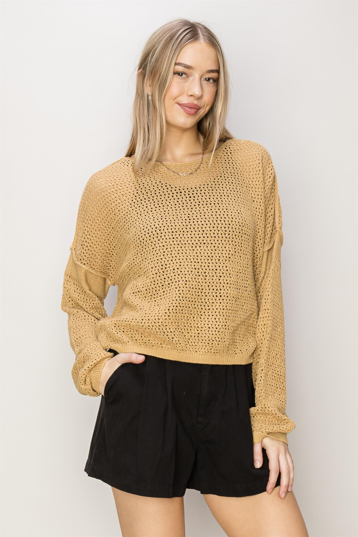 Wholesale Open Knit Drop Shoulder Sweater Clothing Tops DZ24C033 SAND DOUBLE ZERO