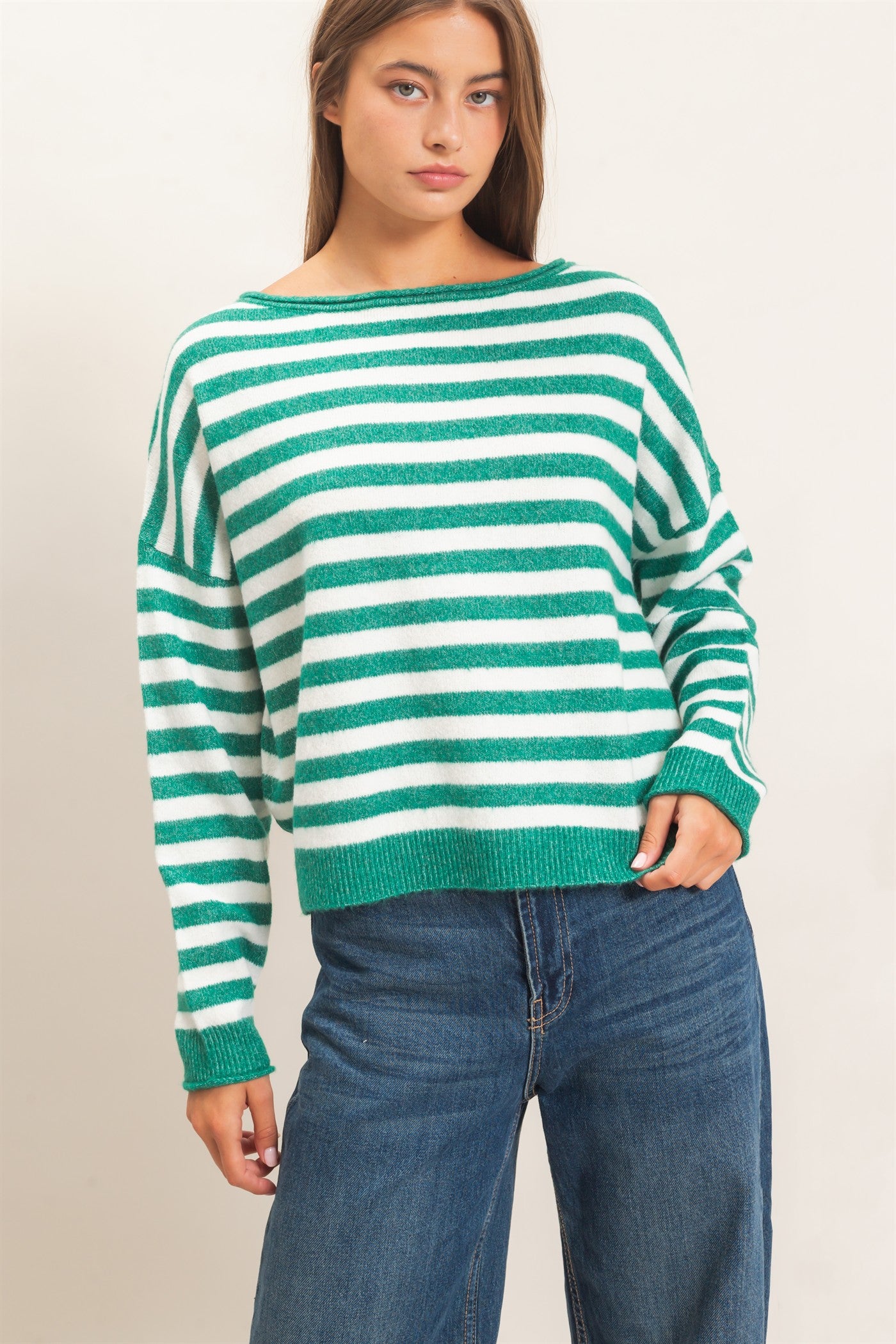 Wholesale Off The Shoulder Striped Sweater Sweaters DZ26E653 EMERALD DOUBLE ZERO