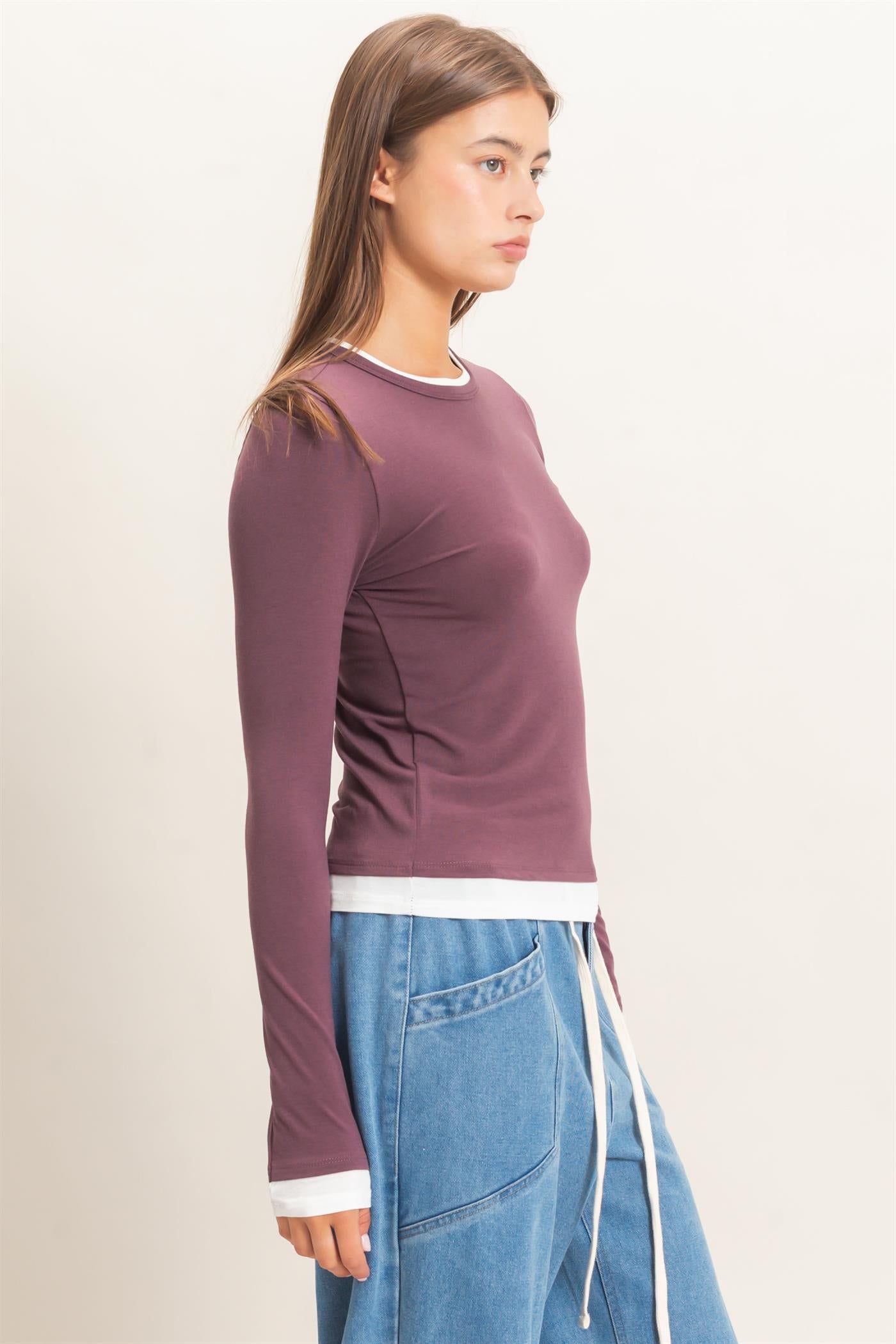 Wholesale Layered Effect Long Sleeve Top Clothing Tops DZ26F341 COCOA DOUBLE ZERO