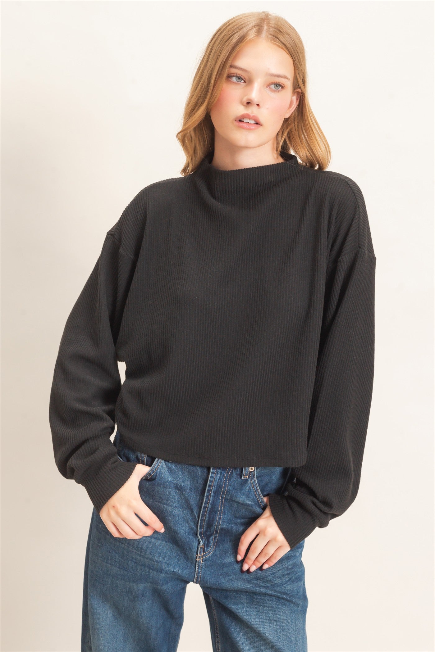 Wholesale Ribbed Mock Neck Top Clothing Tops HF26F030 BLACK HYFVE