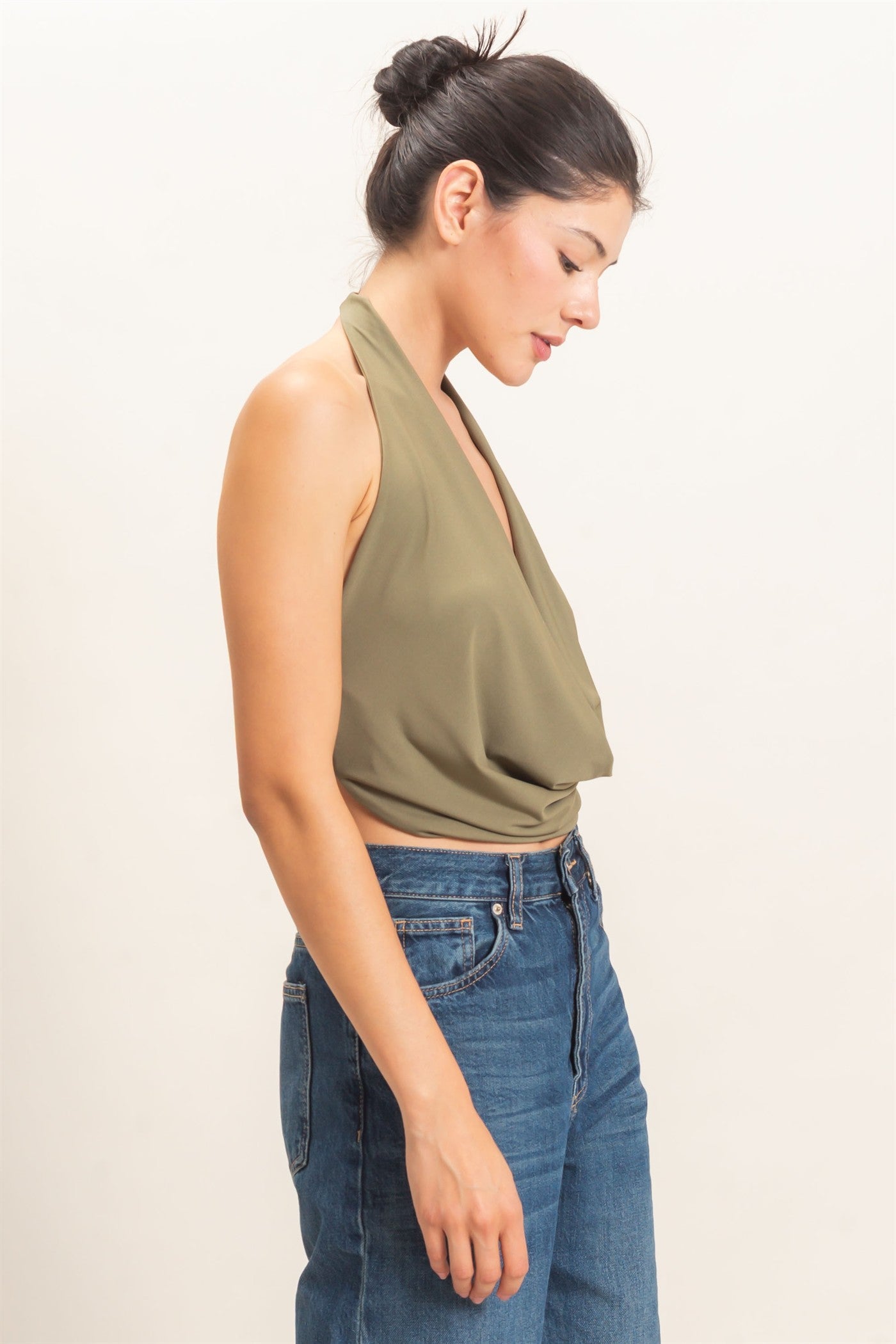 Wholesale Draped Halter Neck Top Blouses HF26F076 OLIVE HYFVE
