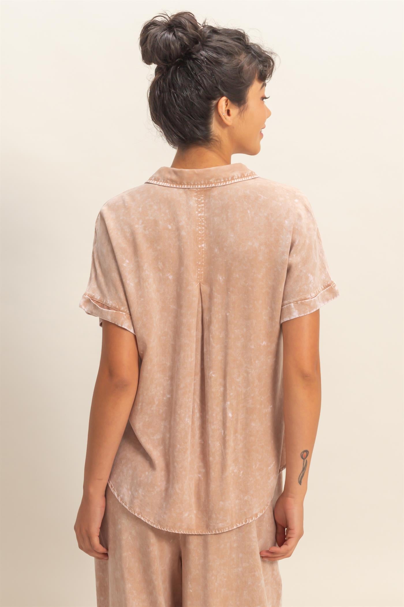 Wholesale Mineral Wash Button-Up Dolman Sleeve Shirt Shirts DZ26C132 DARK TAUPE DOUBLE ZERO