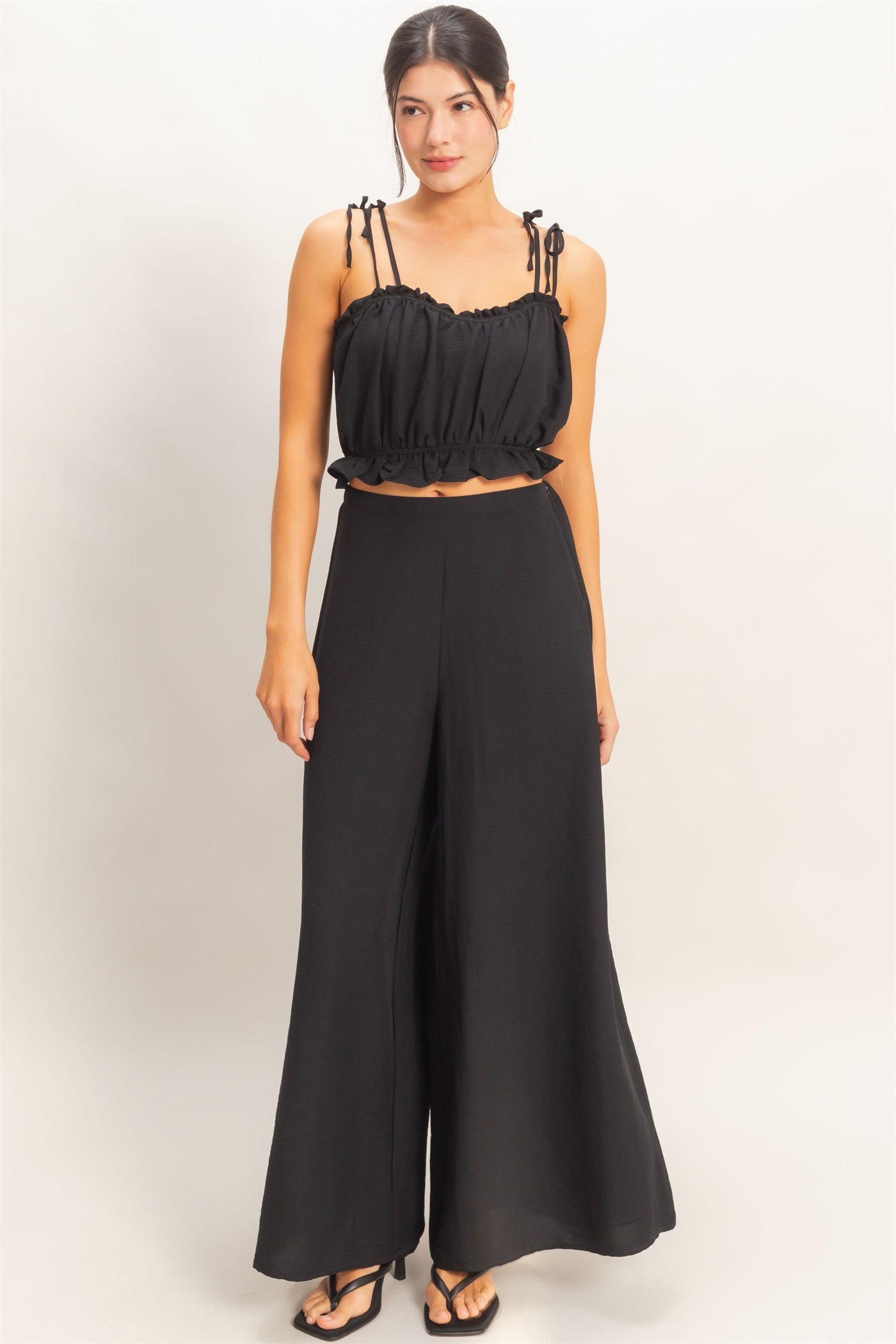 Wholesale Ruffle Smocked Bust Top & Wide Pants Clothing HF26A502-SET-D BLACK HYFVE