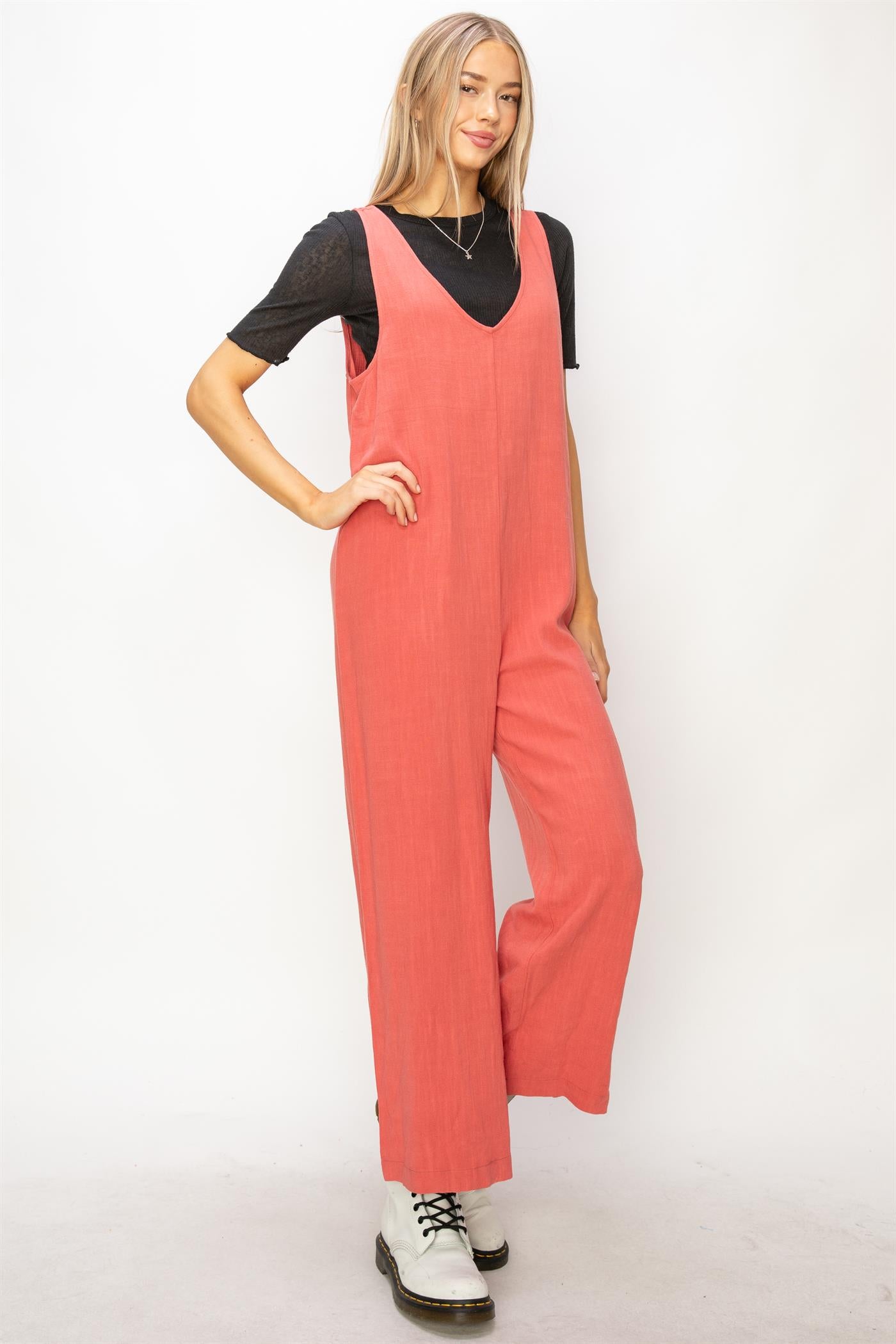Wholesale Linen Sleeveless Jumpsuit One-Pieces DZ24A886 BRICK DOUBLE ZERO