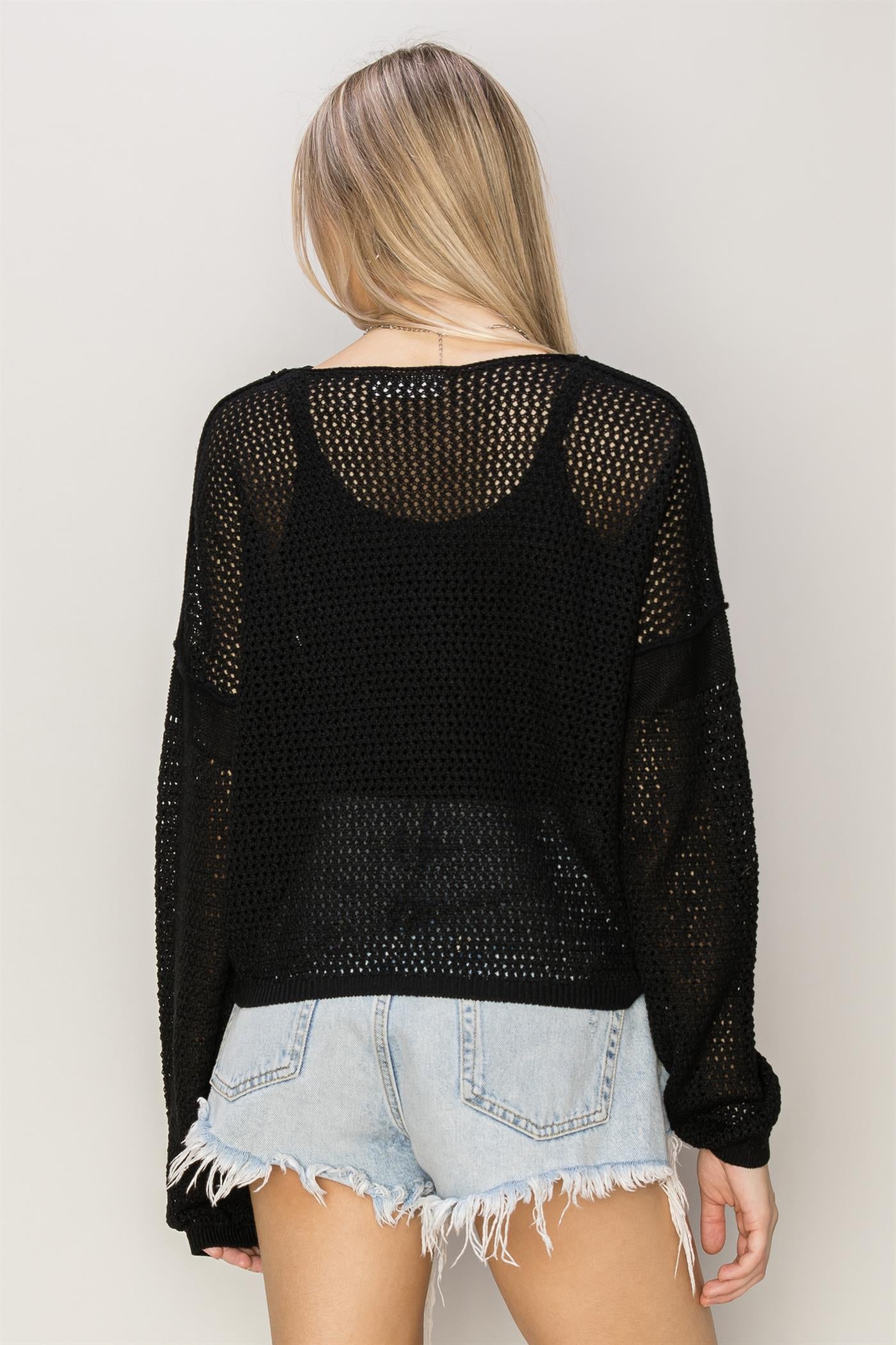 Wholesale Open Knit Drop Shoulder Sweater Clothing Tops DZ24C033 BLACK DOUBLE ZERO