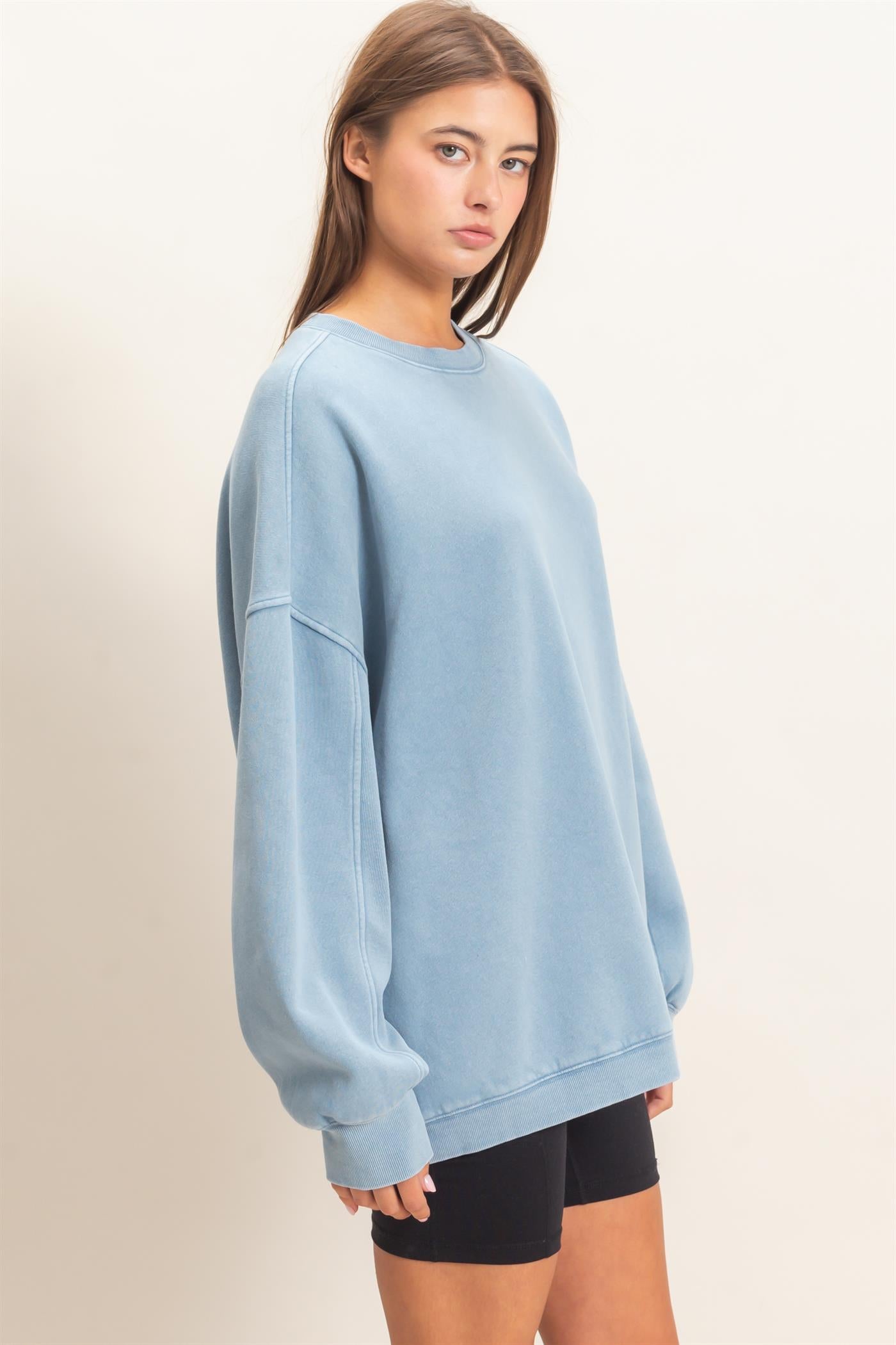 Wholesale Acid Wash Crew Neck Long Sleeve Sweatshirt Sweatshirts DZ26E268 DUSTY BLUE DOUBLE ZERO