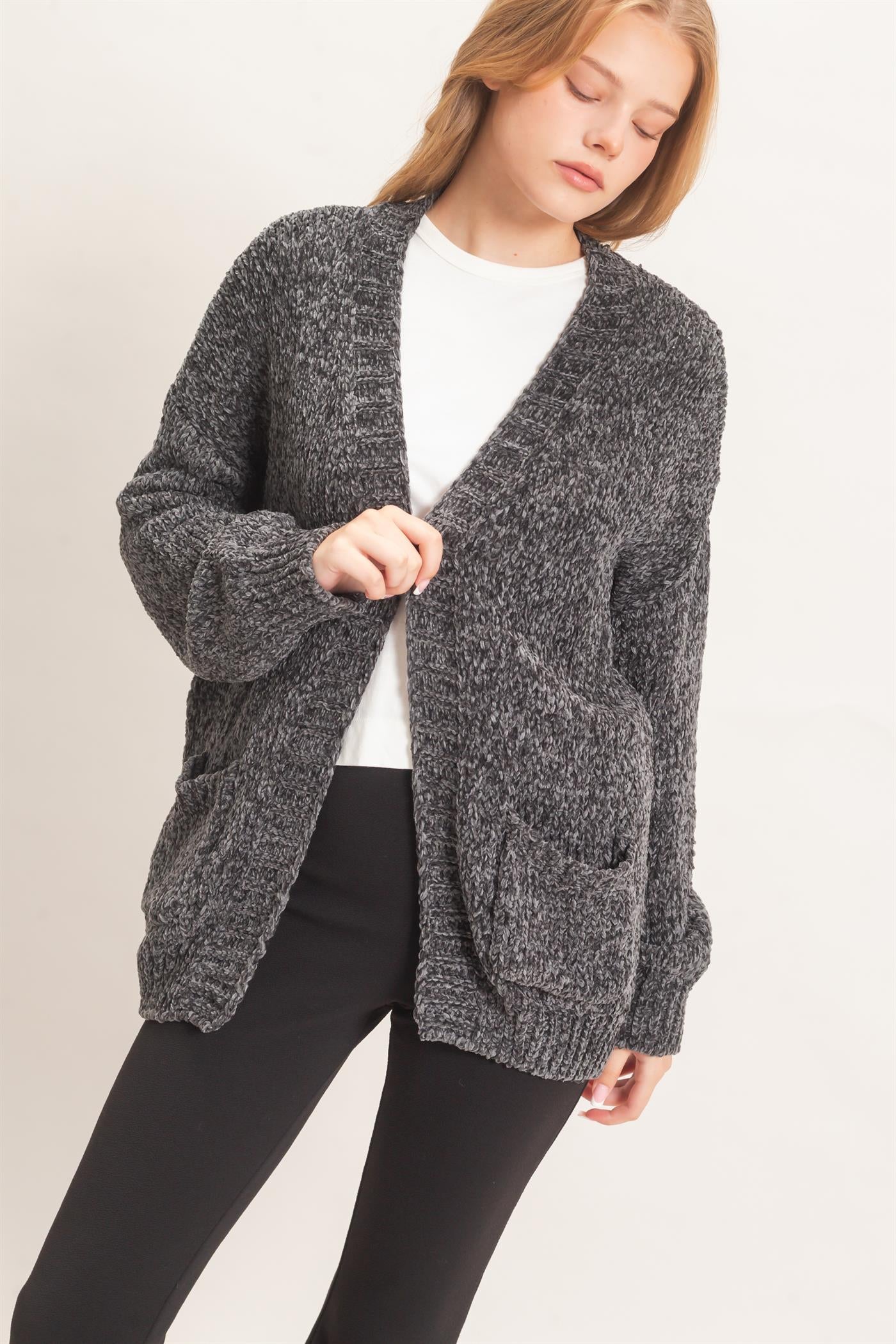 Wholesale Patch Pocket Chenille Cardigan Cardigans HF26E839 CHARCOAL HYFVE