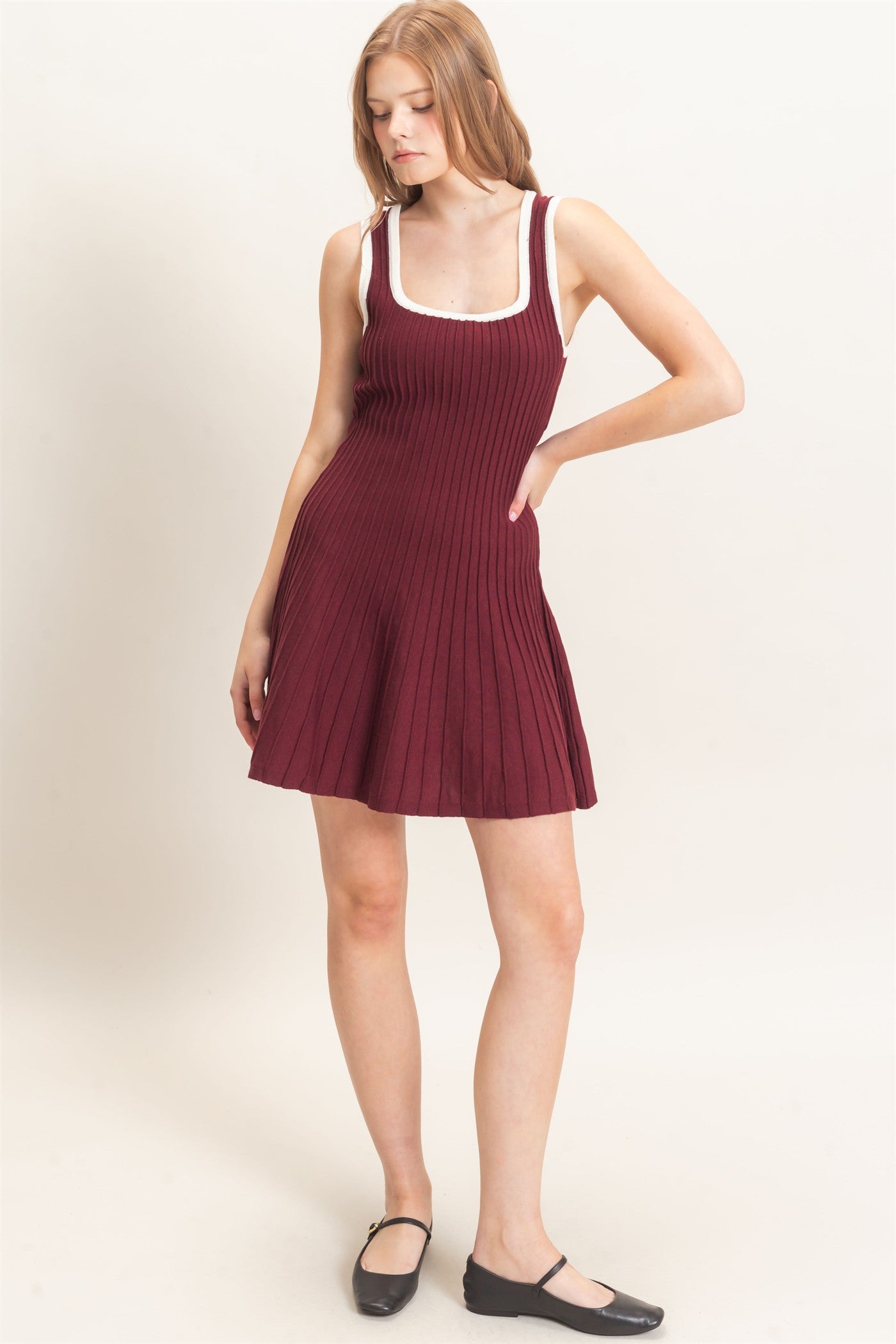 Wholesale Ribbed Square Neck Mini Dress Dresses HF26F213 WINE HYFVE