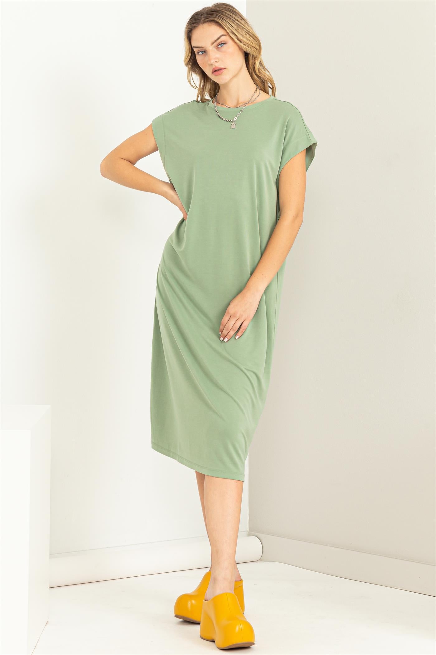 Wholesale Lazy Day Dolman Short Sleeves Midi Dress Dresses DZ23A795 MATTE OLIVE DOUBLE ZERO