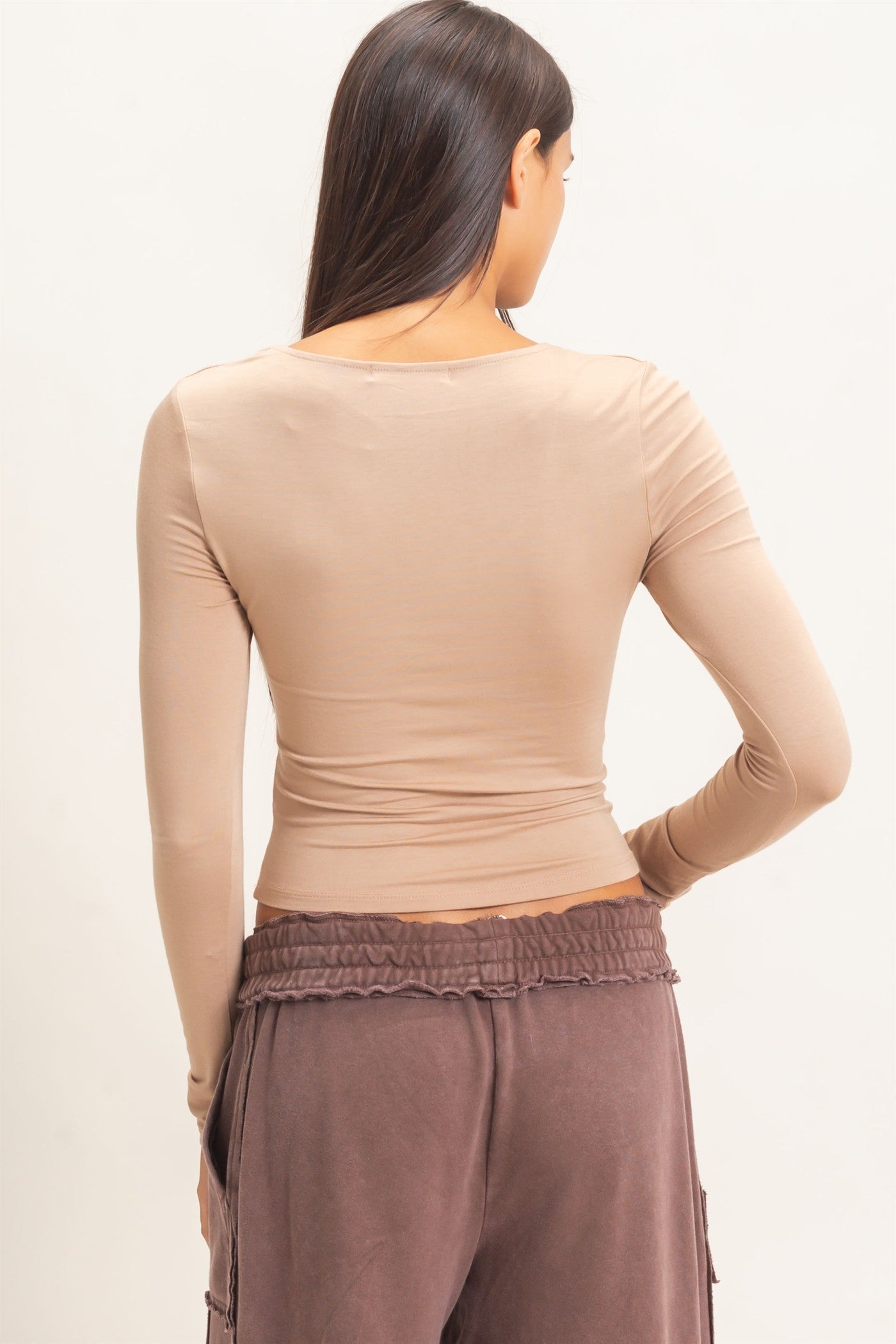 Wholesale Scoop Neck Long Sleeve Top Clothing Tops DZ26E250 DARK TAUPE DOUBLE ZERO