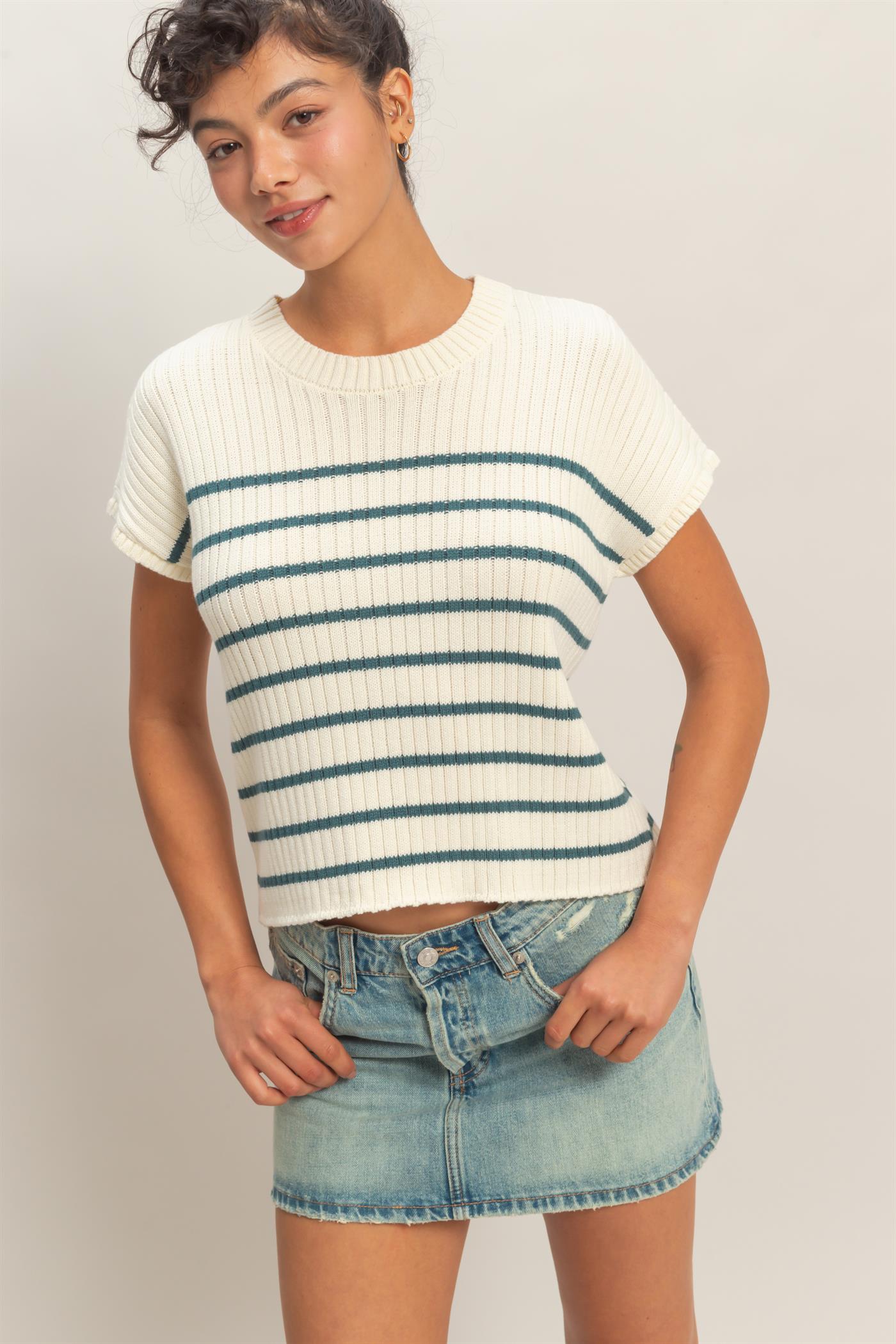 Wholesale Sleeveless Ribbed Striped Knit Top Clothing Tops DZ26A209 DARK TEAL DOUBLE ZERO