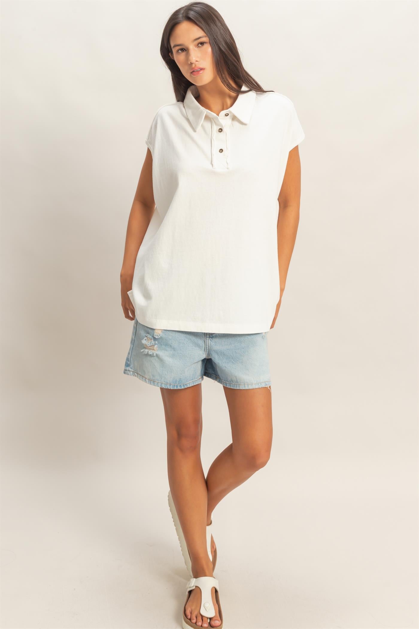 Wholesale Pigment Dye Sleeveless Polo Oversized Top Clothing Tops DZ26C618 OFF WHITE DOUBLE ZERO