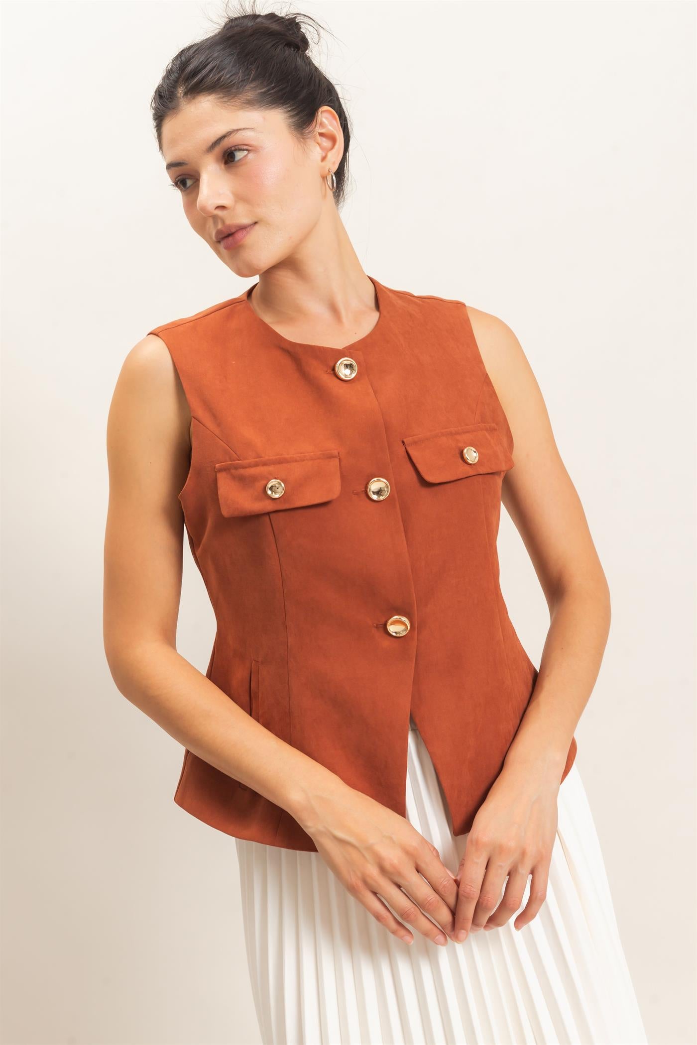Wholesale Buttoned Sleeveless Utility Vest Vests HF26E929 RUST HYFVE