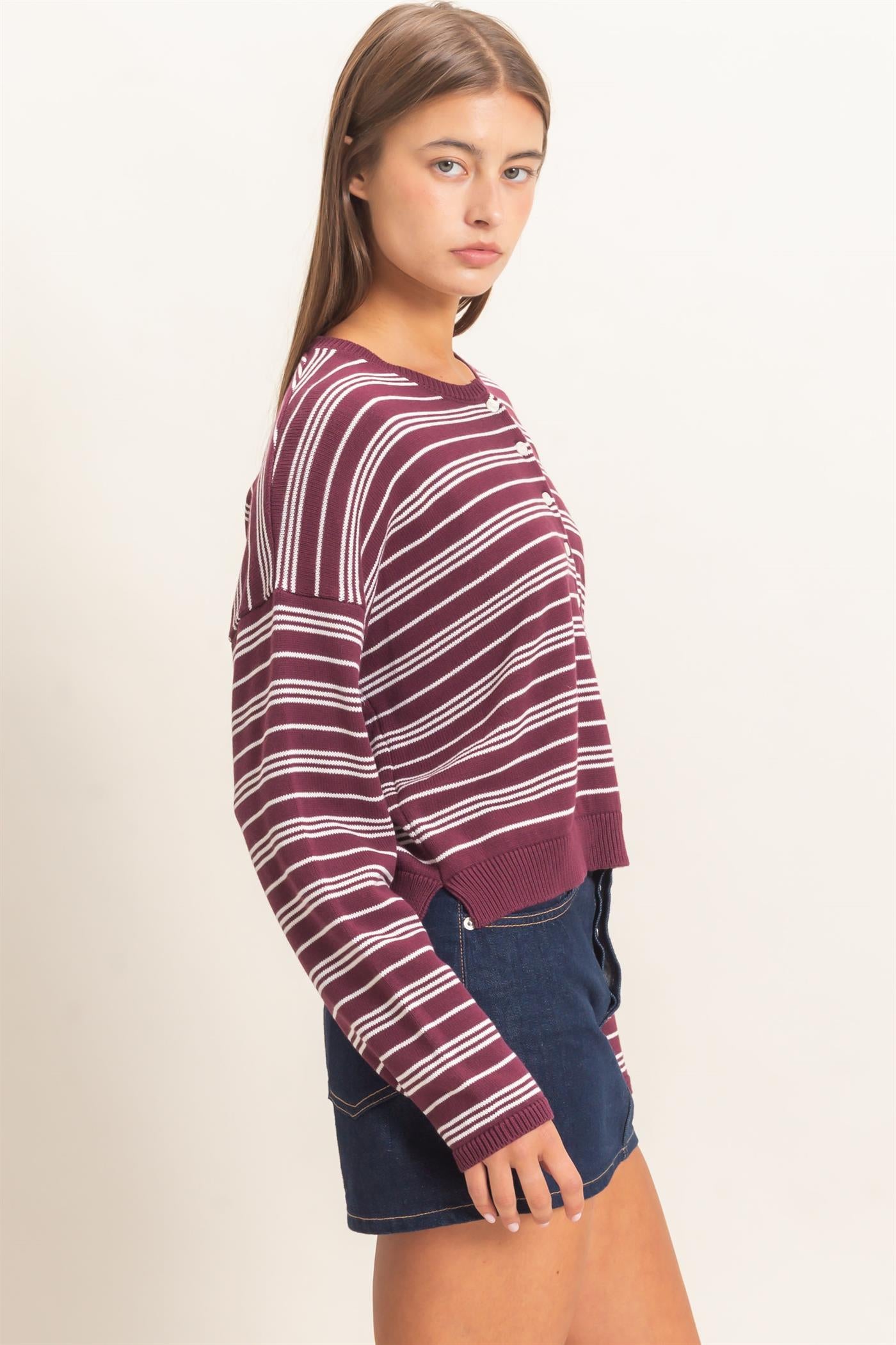 Wholesale Striped Henley Sweater Sweaters DZ26E113 DARK CHERRY DOUBLE ZERO