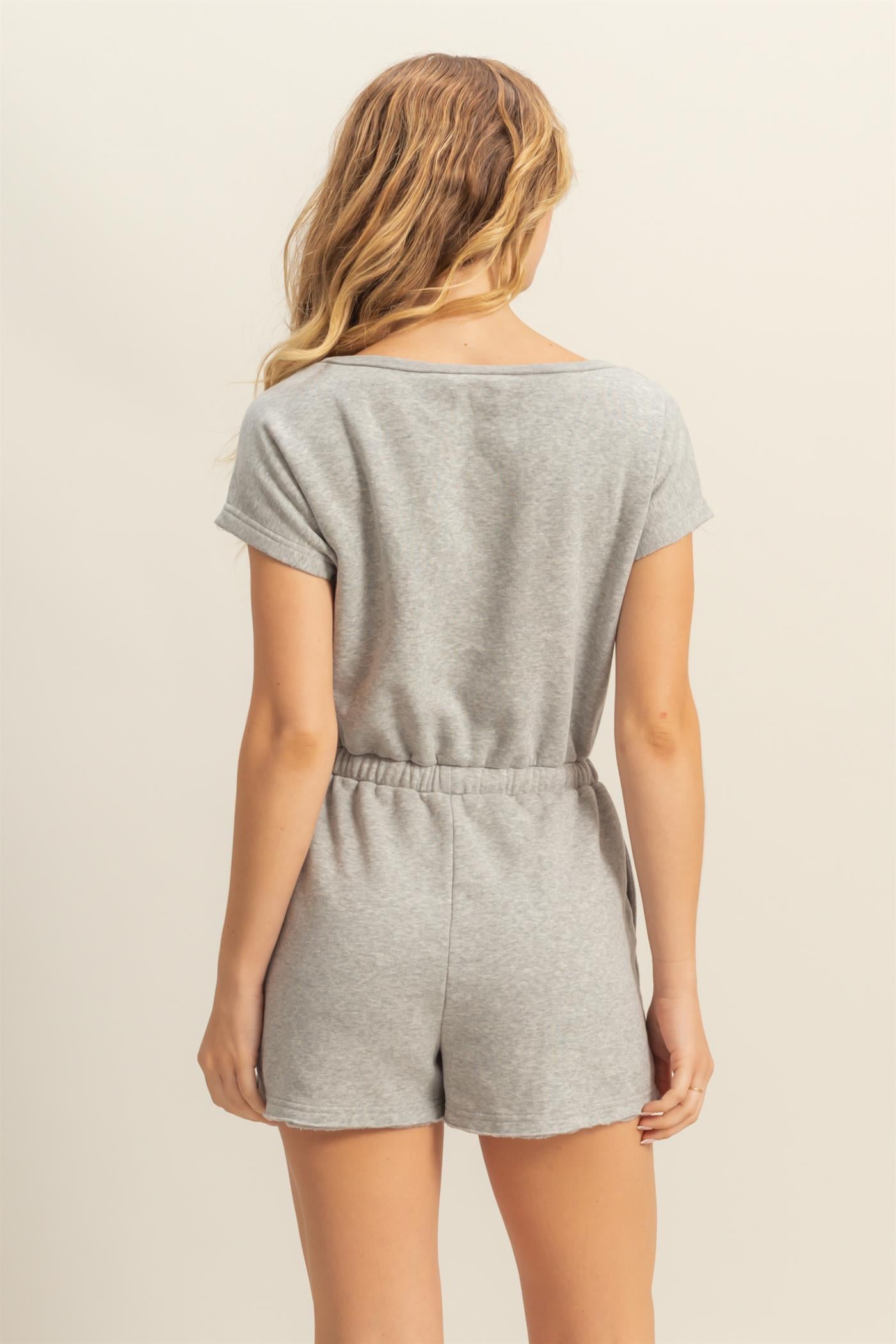 Wholesale Cap Sleeve Drawstring Waist Romper Clothing DZ25A782 HEATHER GRAY DOUBLE ZERO