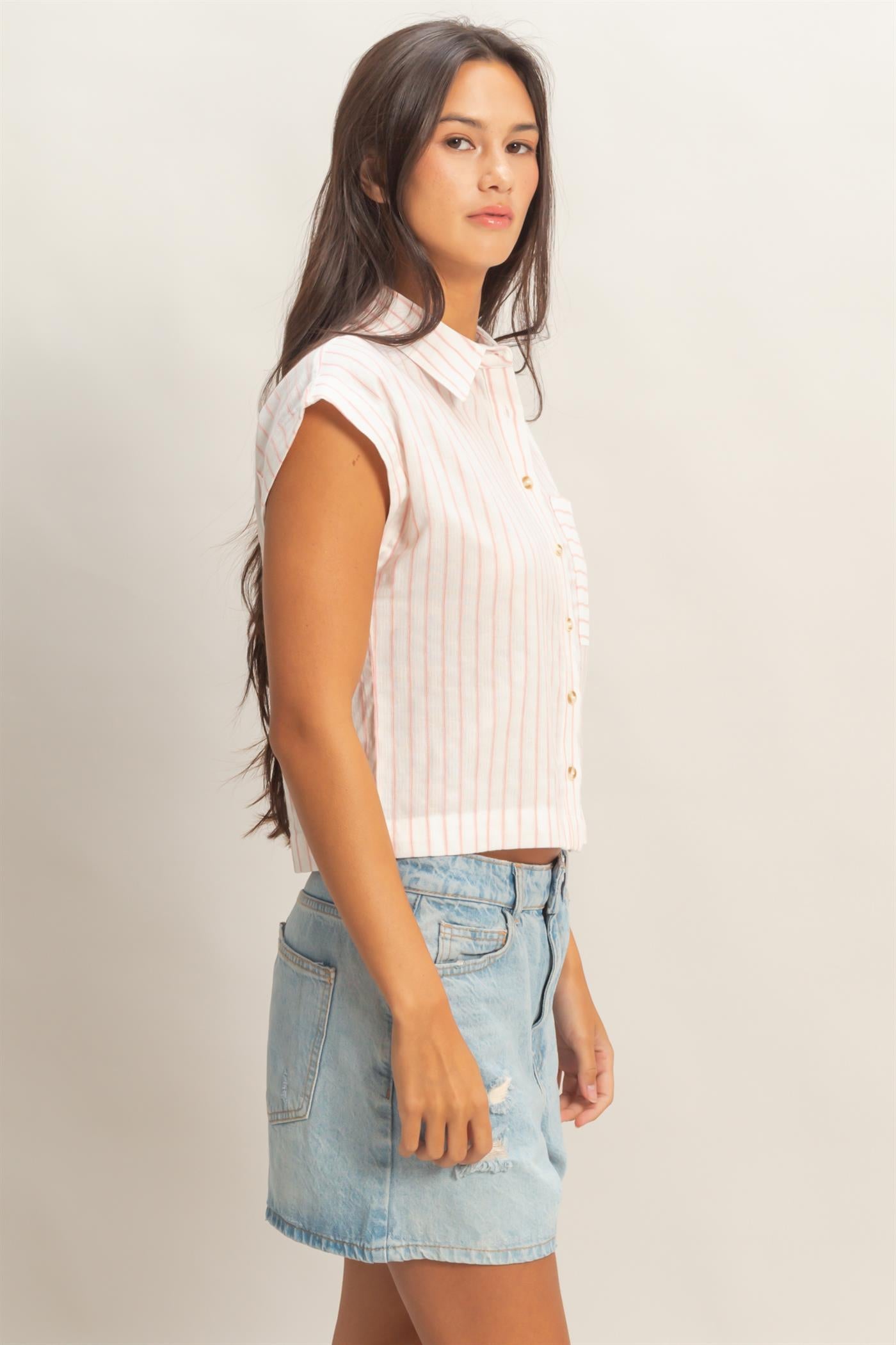 Wholesale Striped Sleeveless Button-Up Shirt Clothing Tops DZ26A206 PINK DOUBLE ZERO