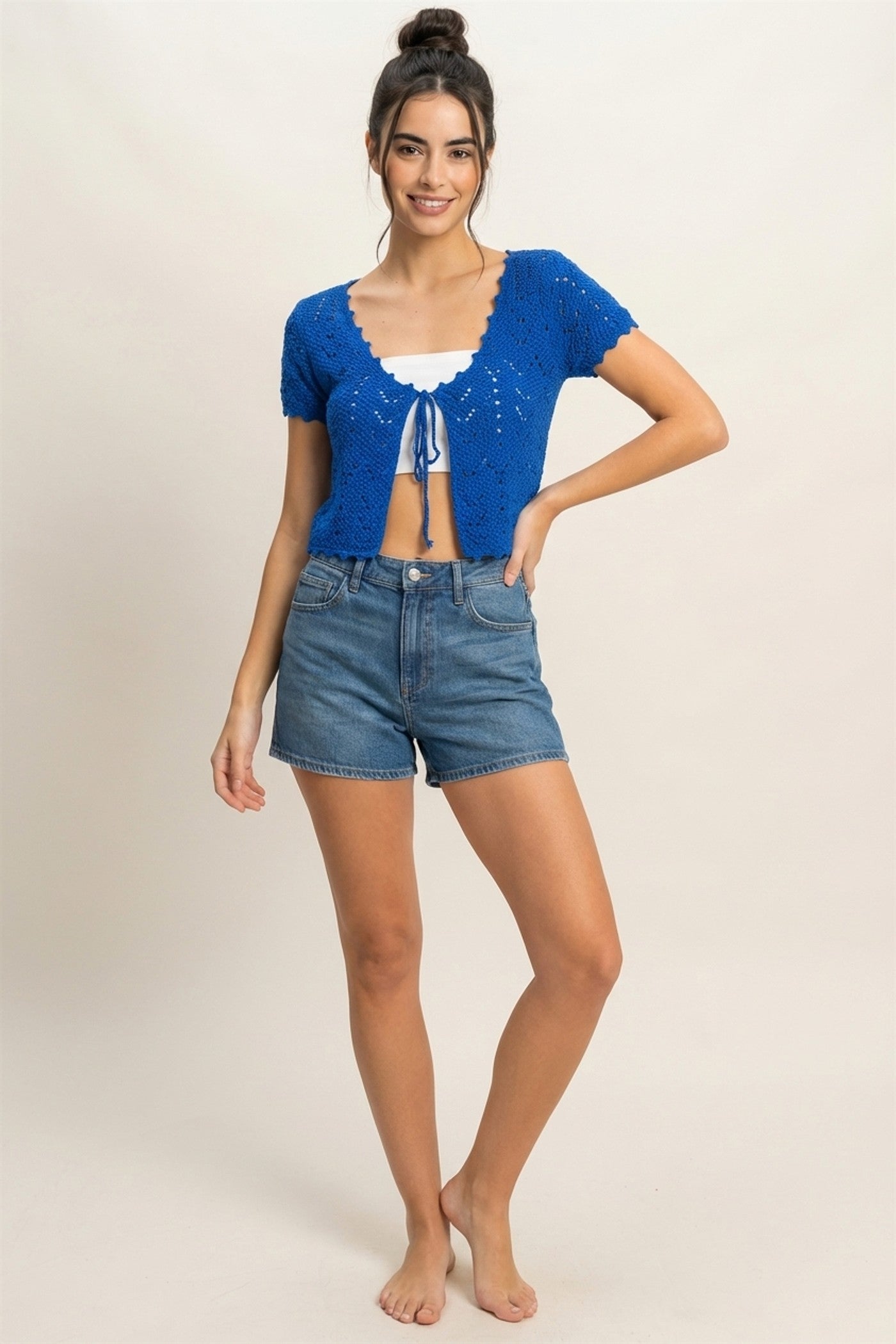 Wholesale Pointelle Tie Front Knit Cardigan Clothing Tops DZ24C268 COBALT DOUBLE ZERO