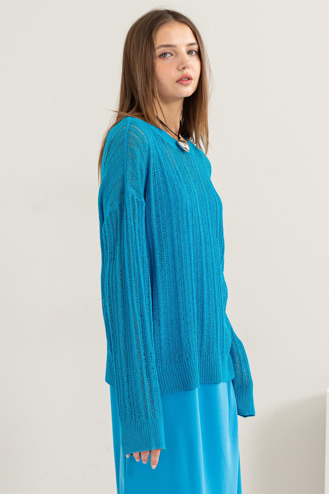 Wholesale Drop Shoulder Sweater Clothing Tops DZ24A477-D BLUE DOUBLE ZERO