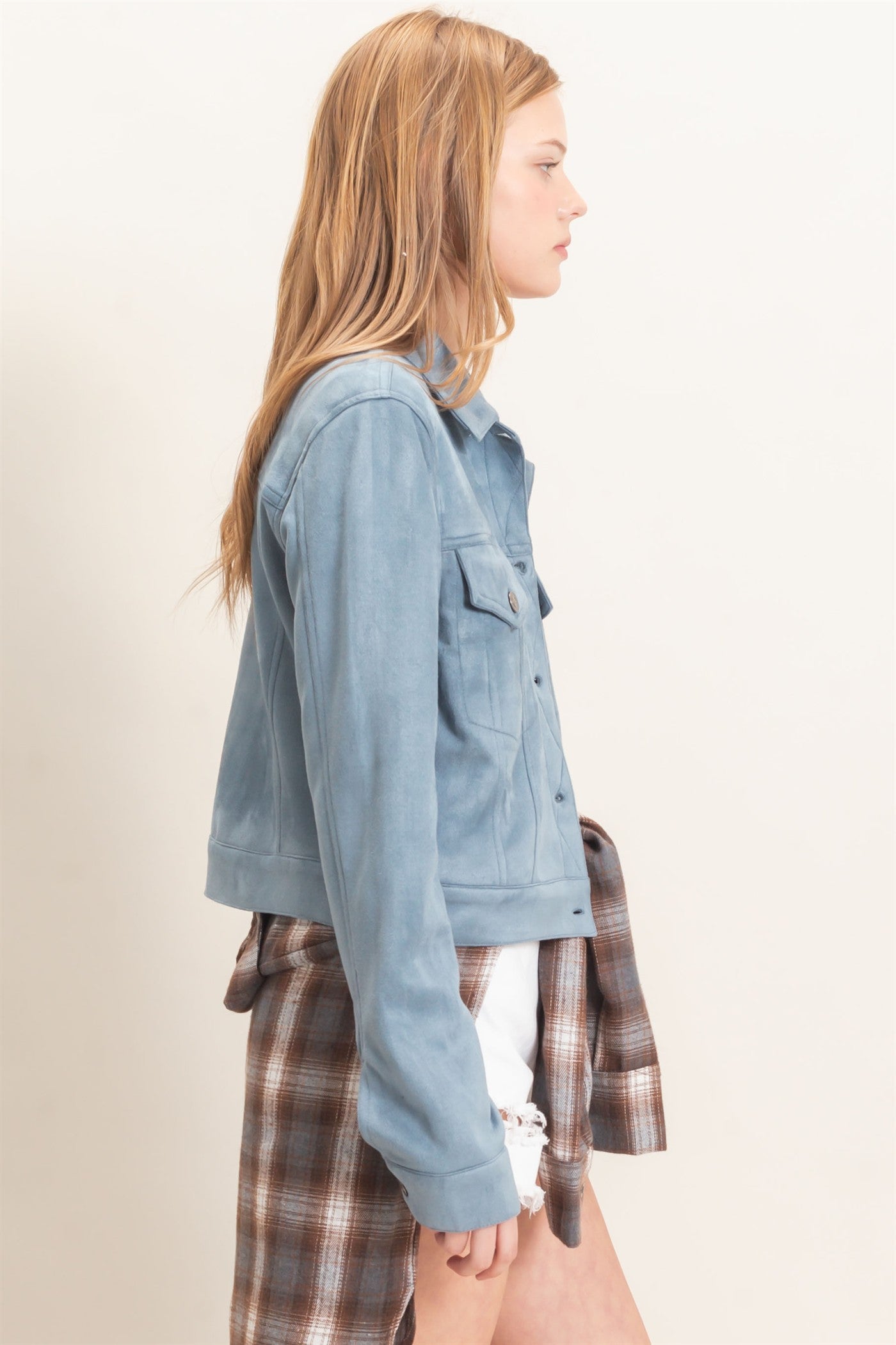 Wholesale Button-Up Suede Jacket Coats & Jackets HF26C772 STEEL BLUE HYFVE