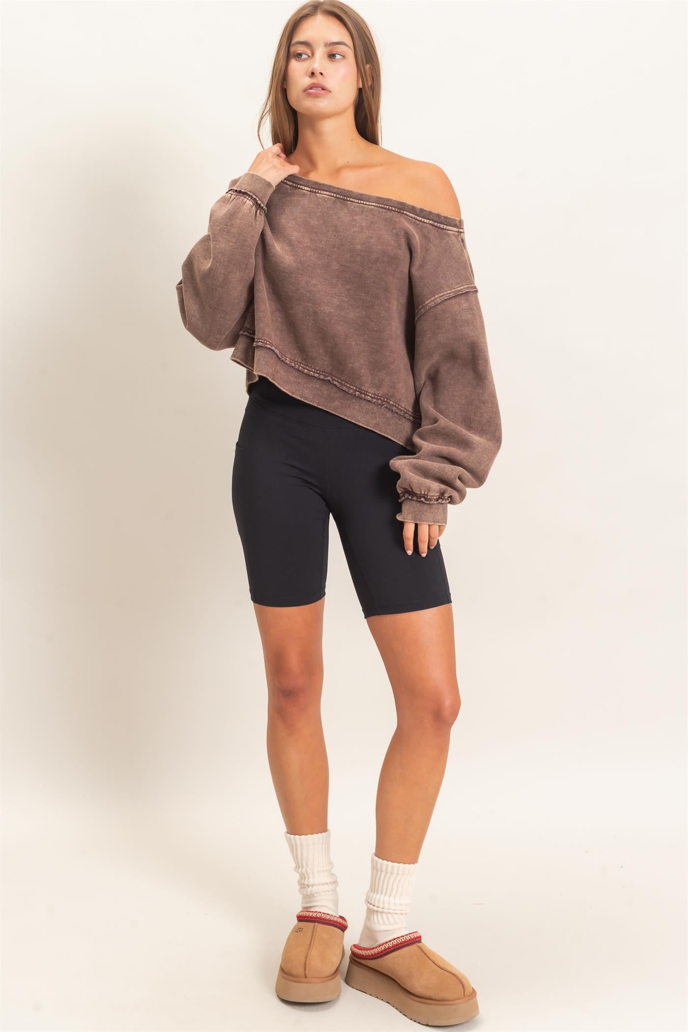 Wholesale Raw Edge Acid Wash Off The Shoulder Sweatshirt Sweatshirts DZ26F013 DARK BROWN DOUBLE ZERO