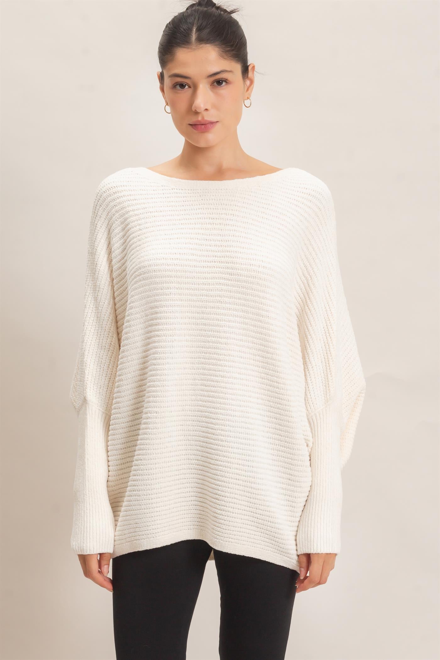 Wholesale Chenille Boat Neck Dolman Sleeve Sweater Sweaters HF26F185 CREAM HYFVE