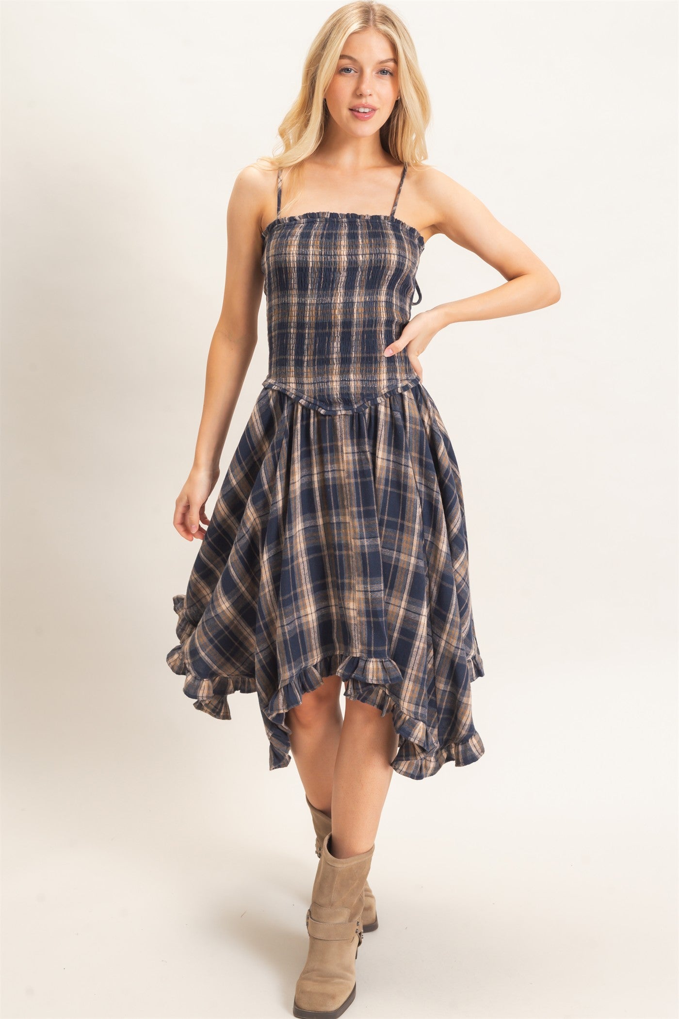 Wholesale Plaid Smocked Spaghetti Strap Dress Dresses HF26F211 NAVY HYFVE