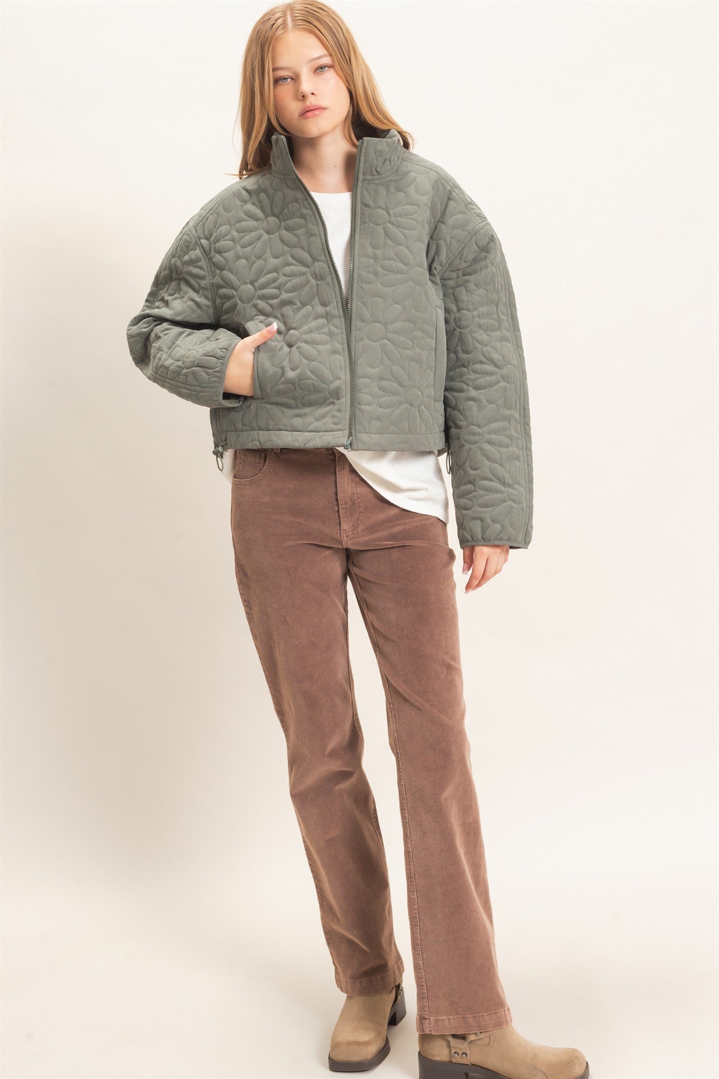 Wholesale Daisy Quilted Mock Neck Jacket Coats & Jackets HF26C821 OLIVE HYFVE