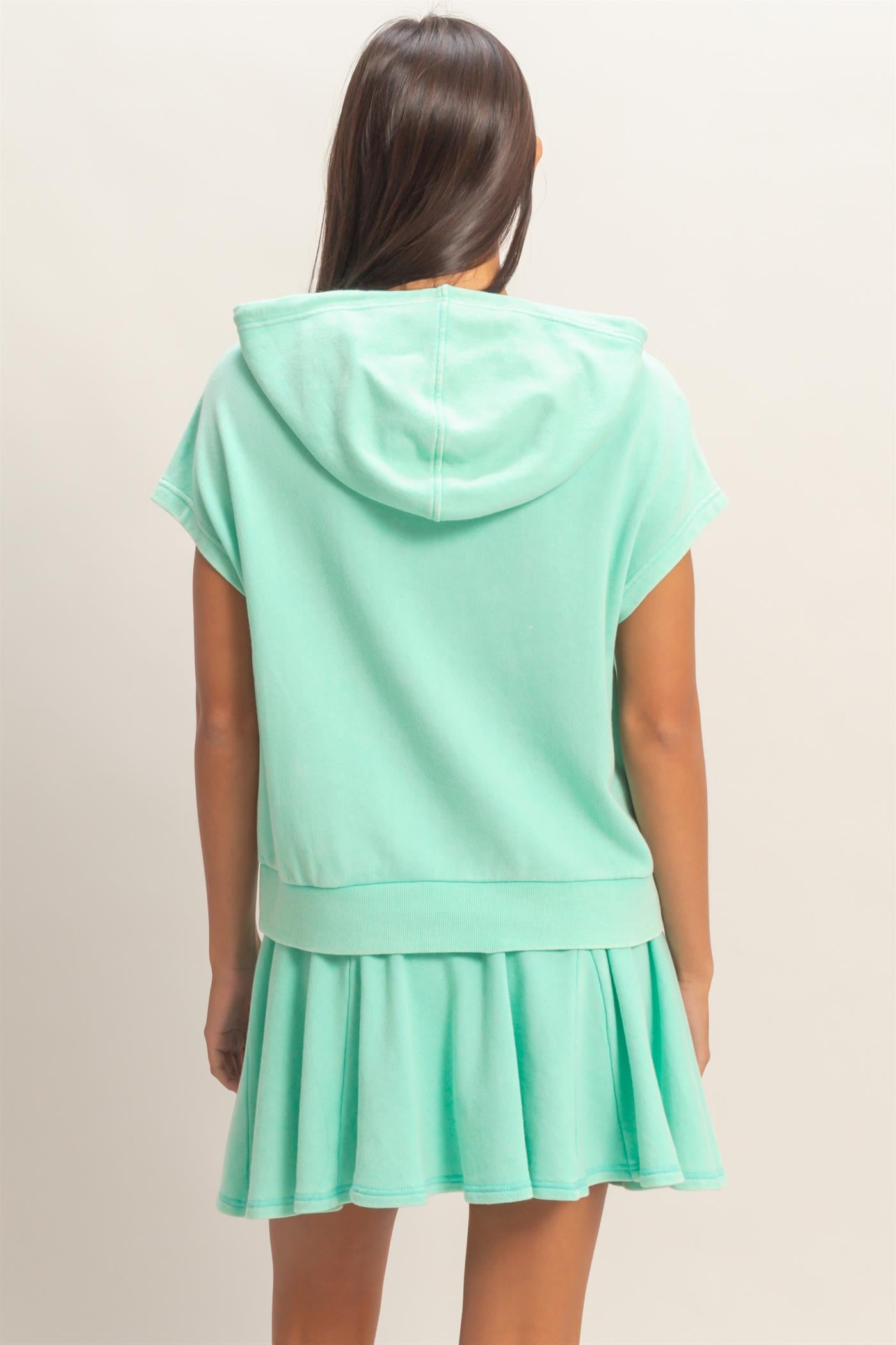 Wholesale Acid Washed Sleeveless Hooded Kangaroo Pocket Top Hoodies DZ26A411 MINT DOUBLE ZERO