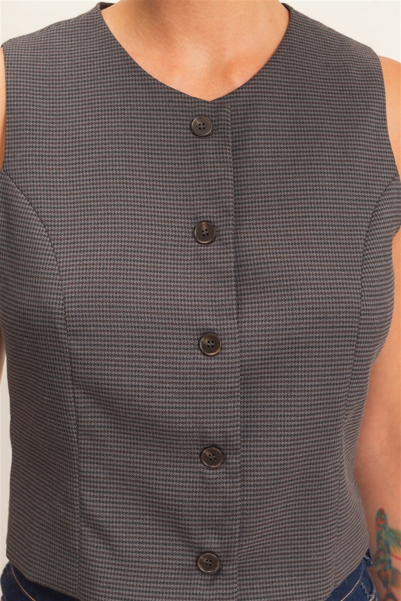 Wholesale Houndstooth Buttoned Vest Clothing Tops DZ26E386 GRAY DOUBLE ZERO