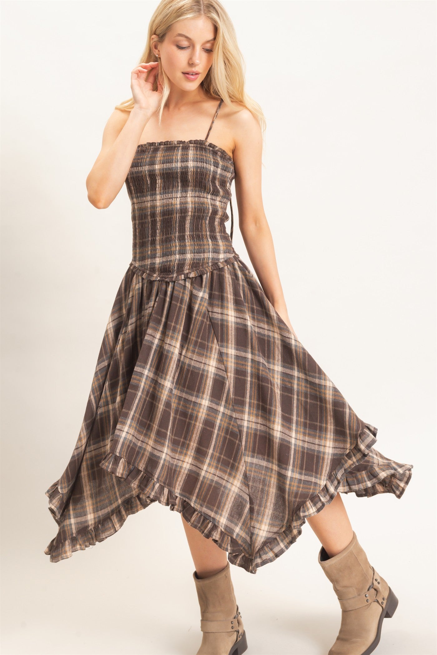 Wholesale Plaid Smocked Spaghetti Strap Dress Dresses HF26F211 BROWN HYFVE
