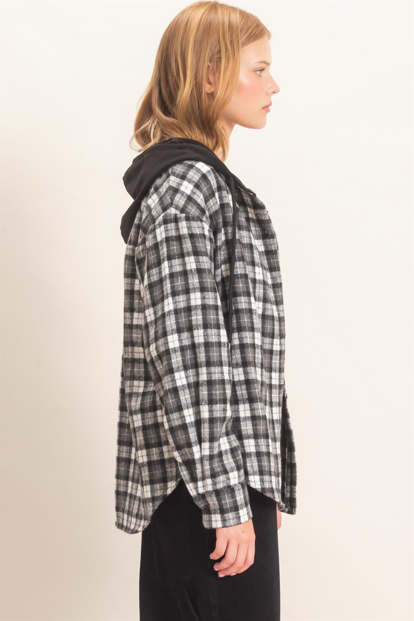 Wholesale Hooded Plaid Button-Up Shirt Shirts HF26F018 BLACK HYFVE