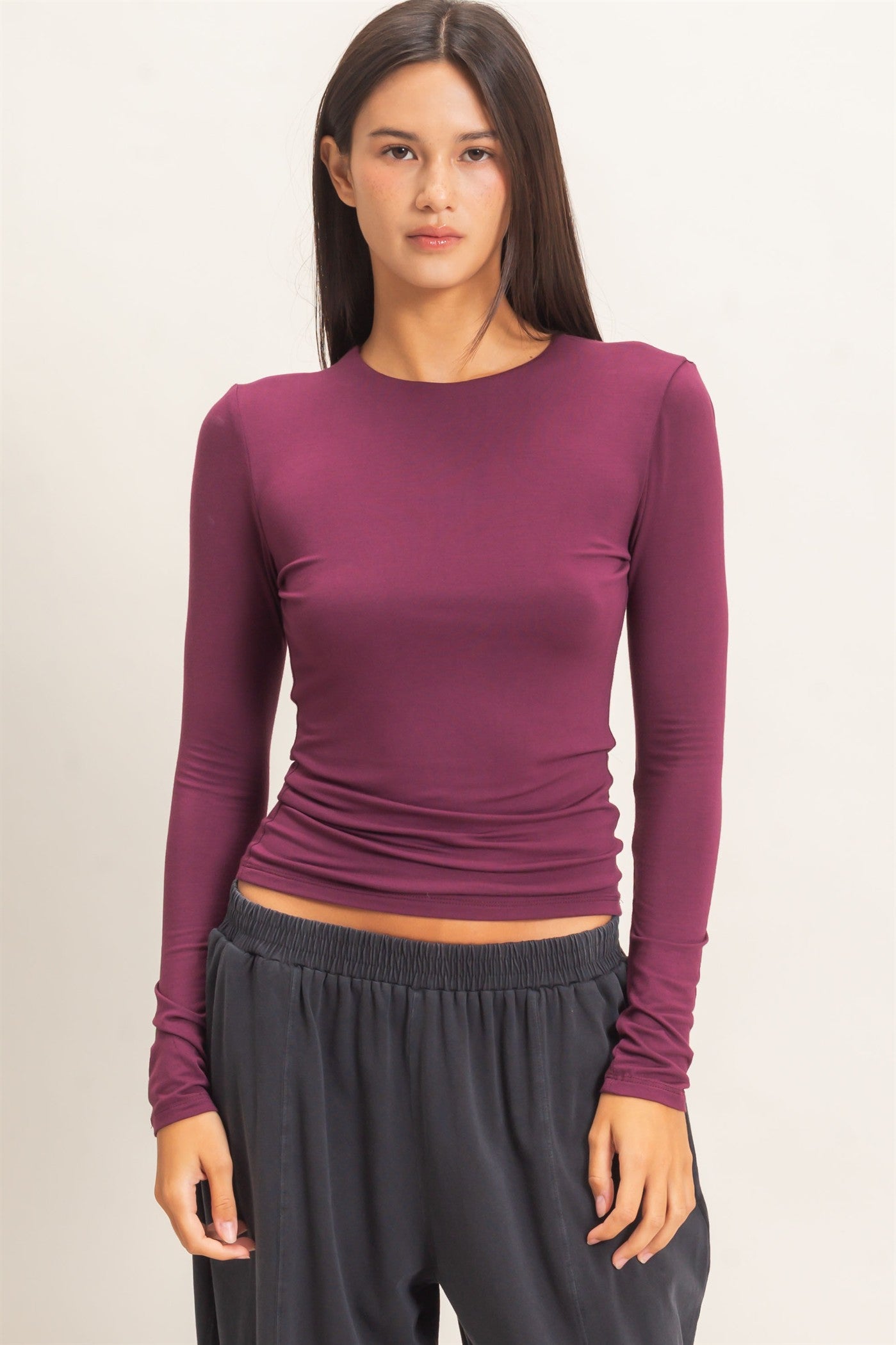 Wholesale Crew Neck Long Sleeve Top Clothing Tops DZ26E978 DARK CHERRY DOUBLE ZERO