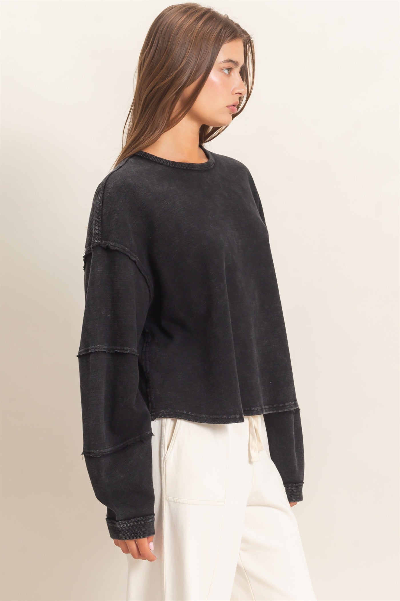 Wholesale Mineral Wash Overzised Raw Edge Crew Neck Top Clothing Tops DZ26E449 BLACK DOUBLE ZERO