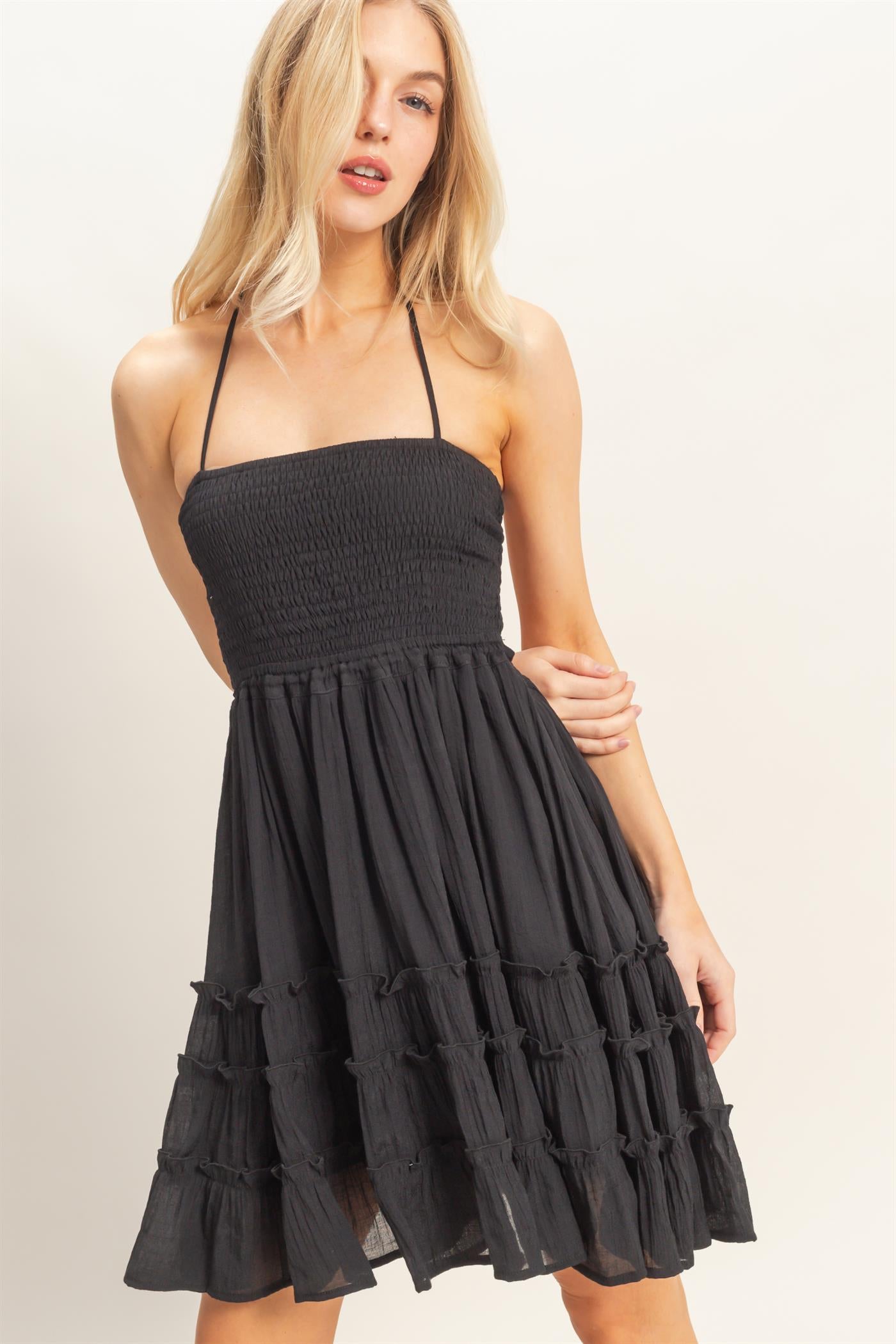 Wholesale Smocked Tiered Midi Dress Dresses HF26C299-D BLACK HYFVE