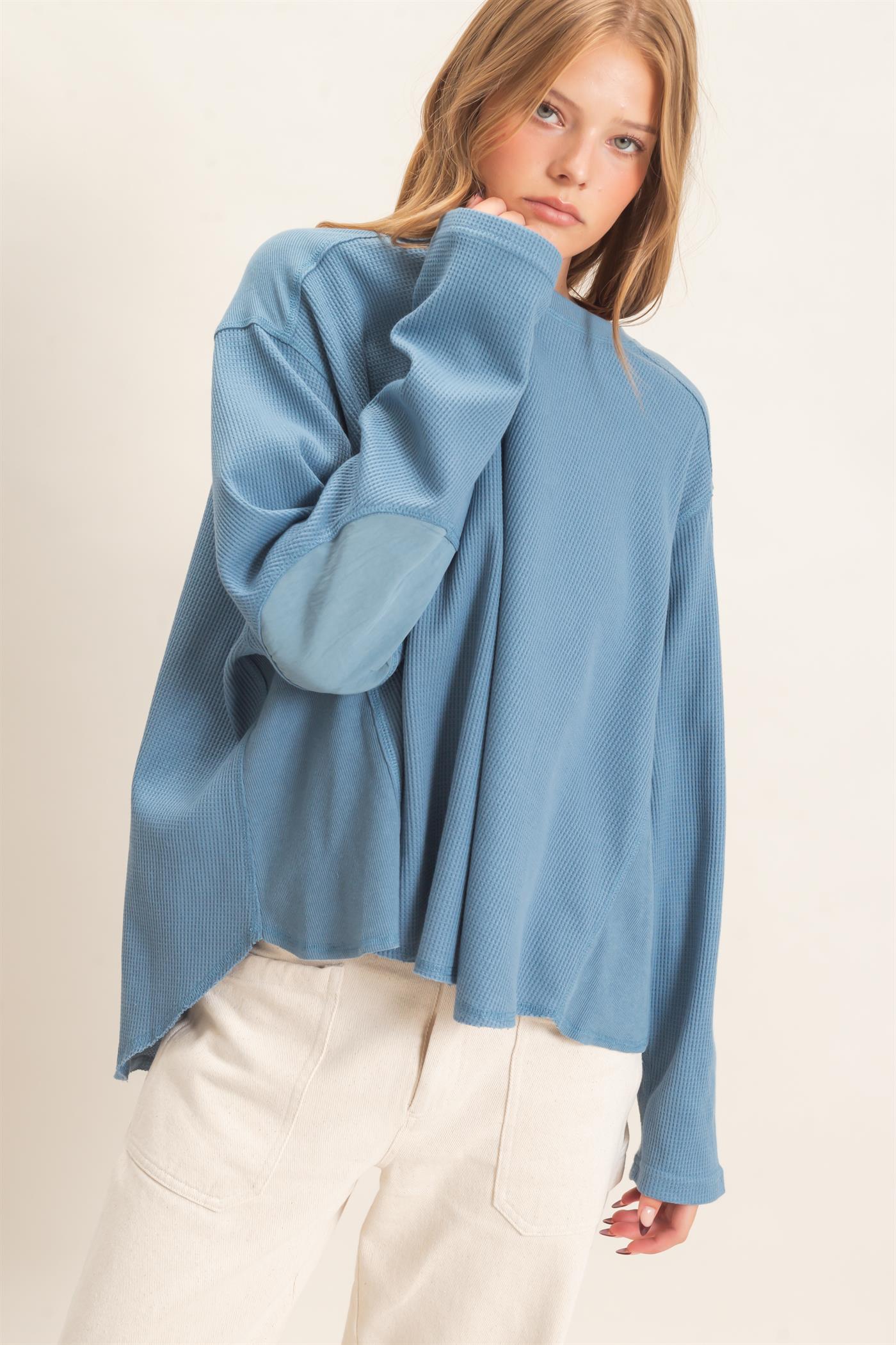 Wholesale Waffle Knit Crew Neck Top Clothing Tops HF26E078 BLUE HYFVE