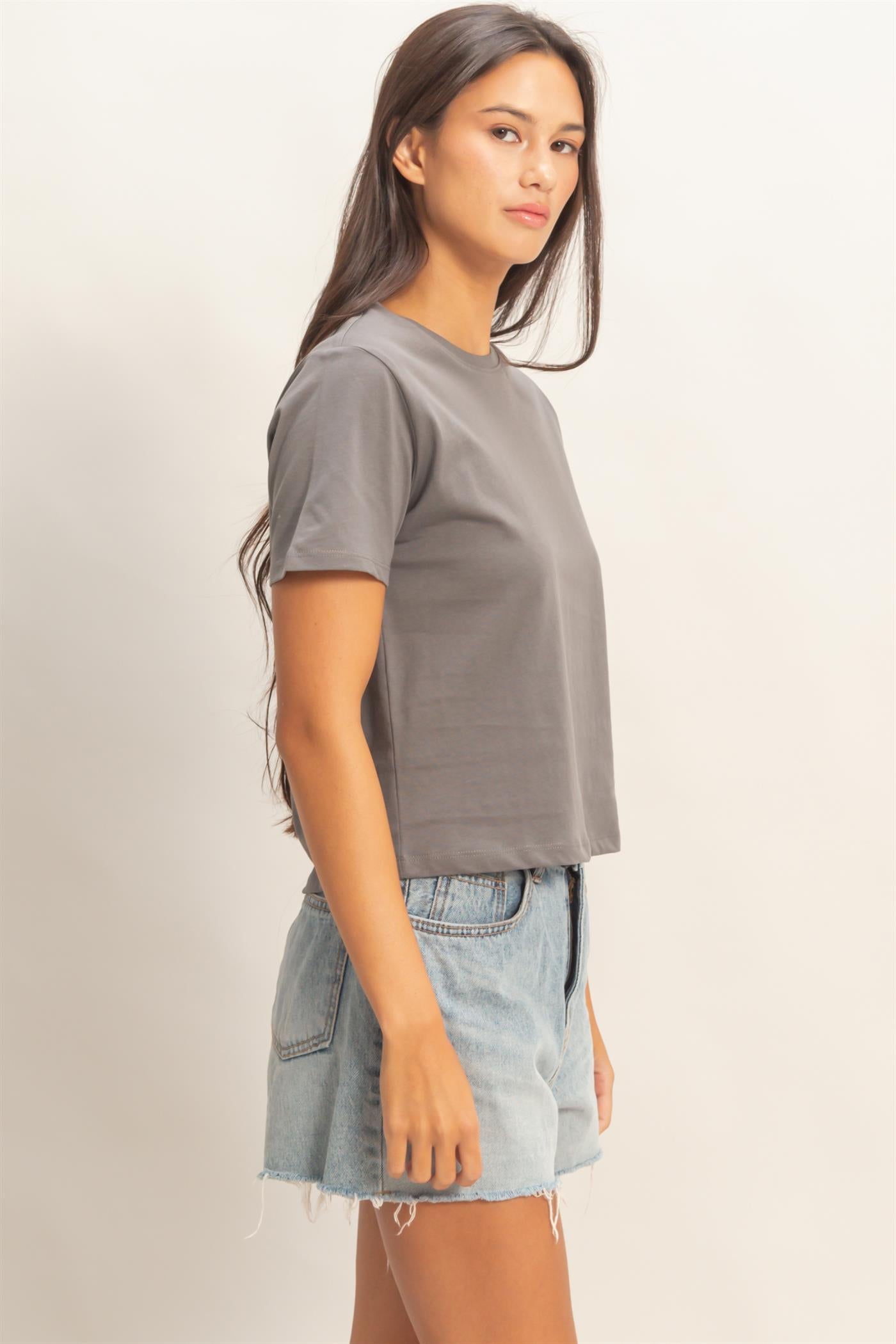 Wholesale Crew Neck Cotton T-Shirt Clothing Tops DZ26C412 CHARCOAL DOUBLE ZERO